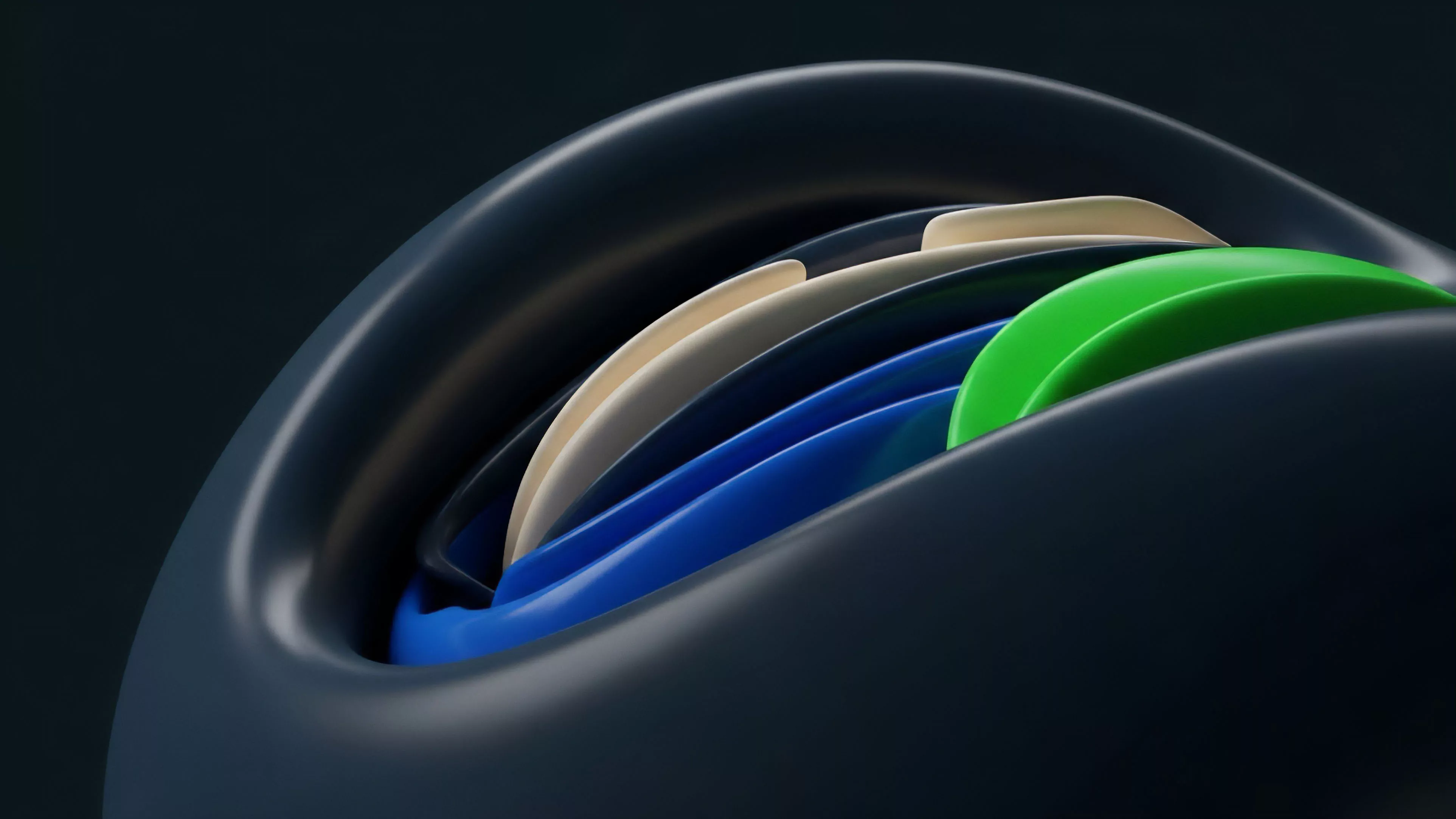 A close-up view shows smooth, dark, undulating forms containing inner layers of varying colors. The layers transition from cream and dark tones to vivid blue and green, creating a sense of dynamic depth and structured composition