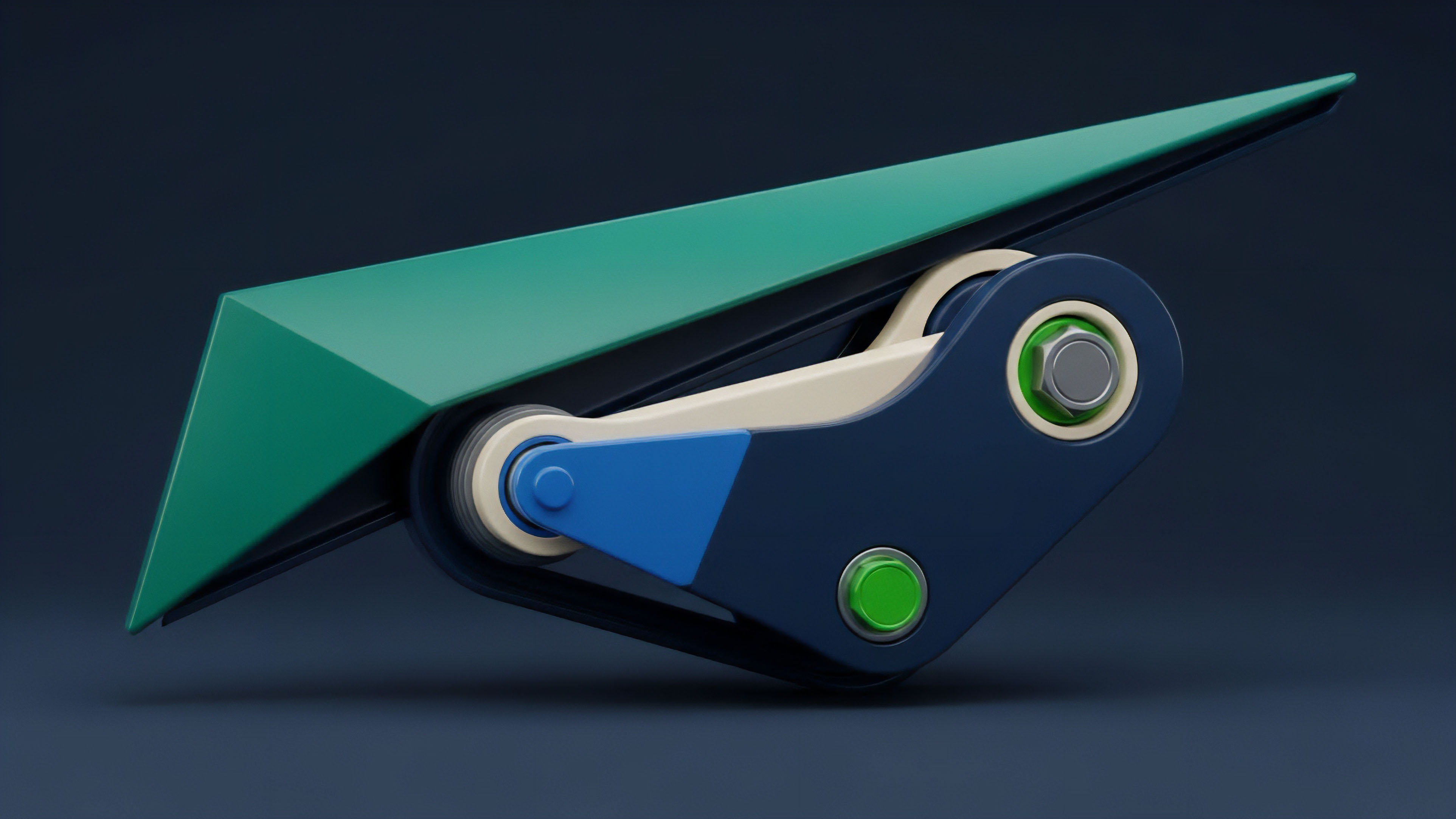 A stylized 3D mechanical linkage system features a prominent green angular component connected to a dark blue frame by a light-colored lever arm. The components are joined by multiple pivot points with highlighted fasteners
