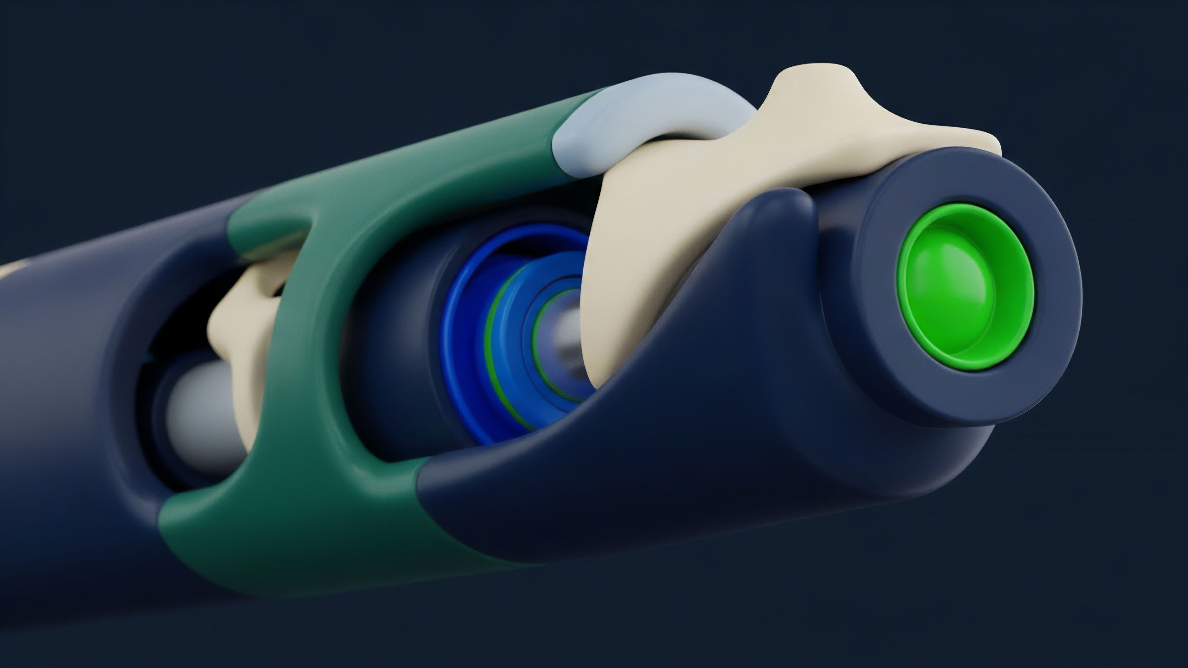 A detailed close-up rendering displays a complex mechanism with interlocking components in dark blue, teal, light beige, and bright green. This stylized illustration depicts the intricate architecture of a complex financial instrument's internal mechanics, specifically a synthetic asset derivative structure