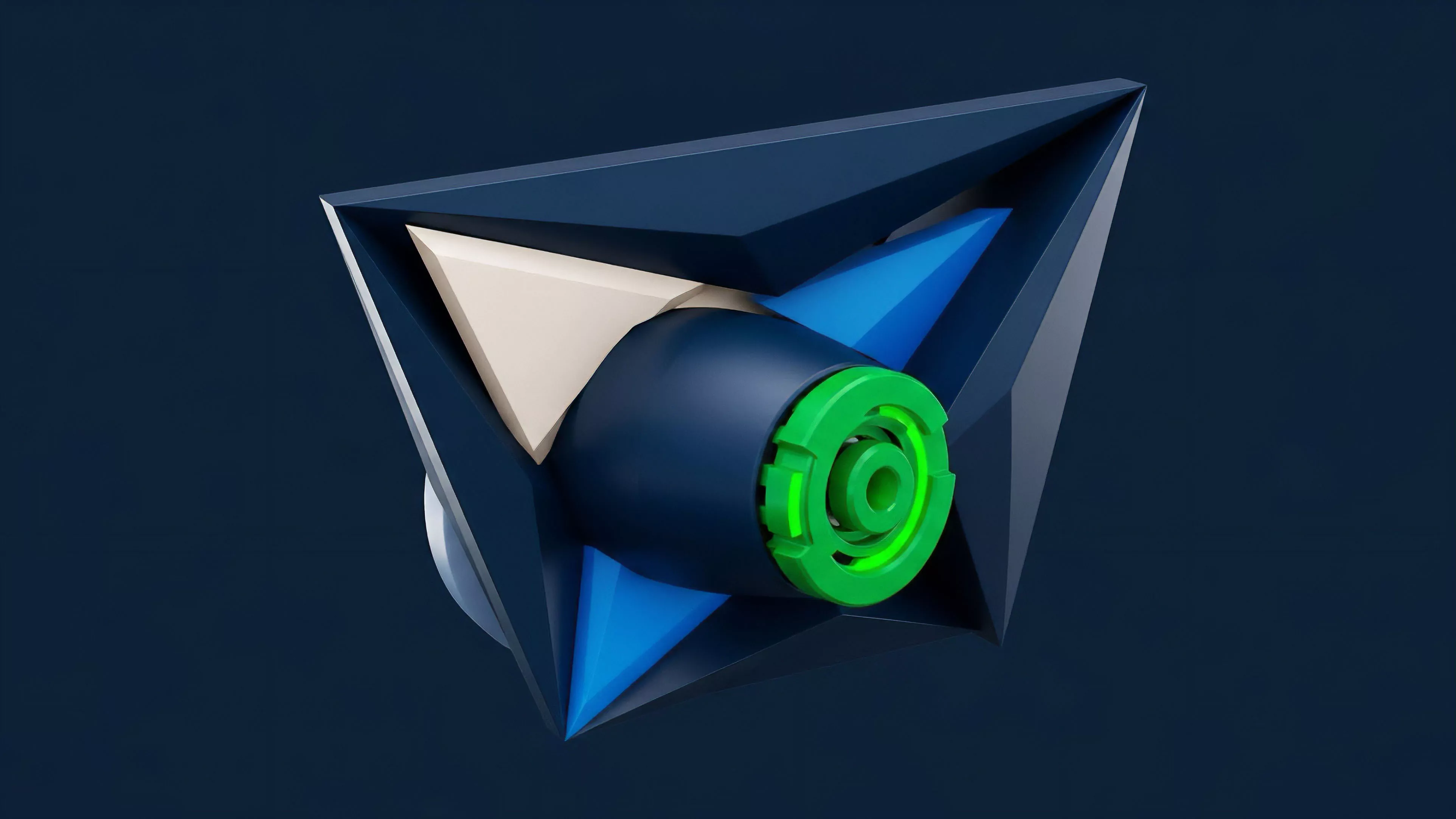 A high-tech geometric abstract render depicts a sharp, angular frame in deep blue and light beige, surrounding a central dark blue cylinder. The cylinder's tip features a vibrant green concentric ring structure, creating a stylized sensor-like effect
