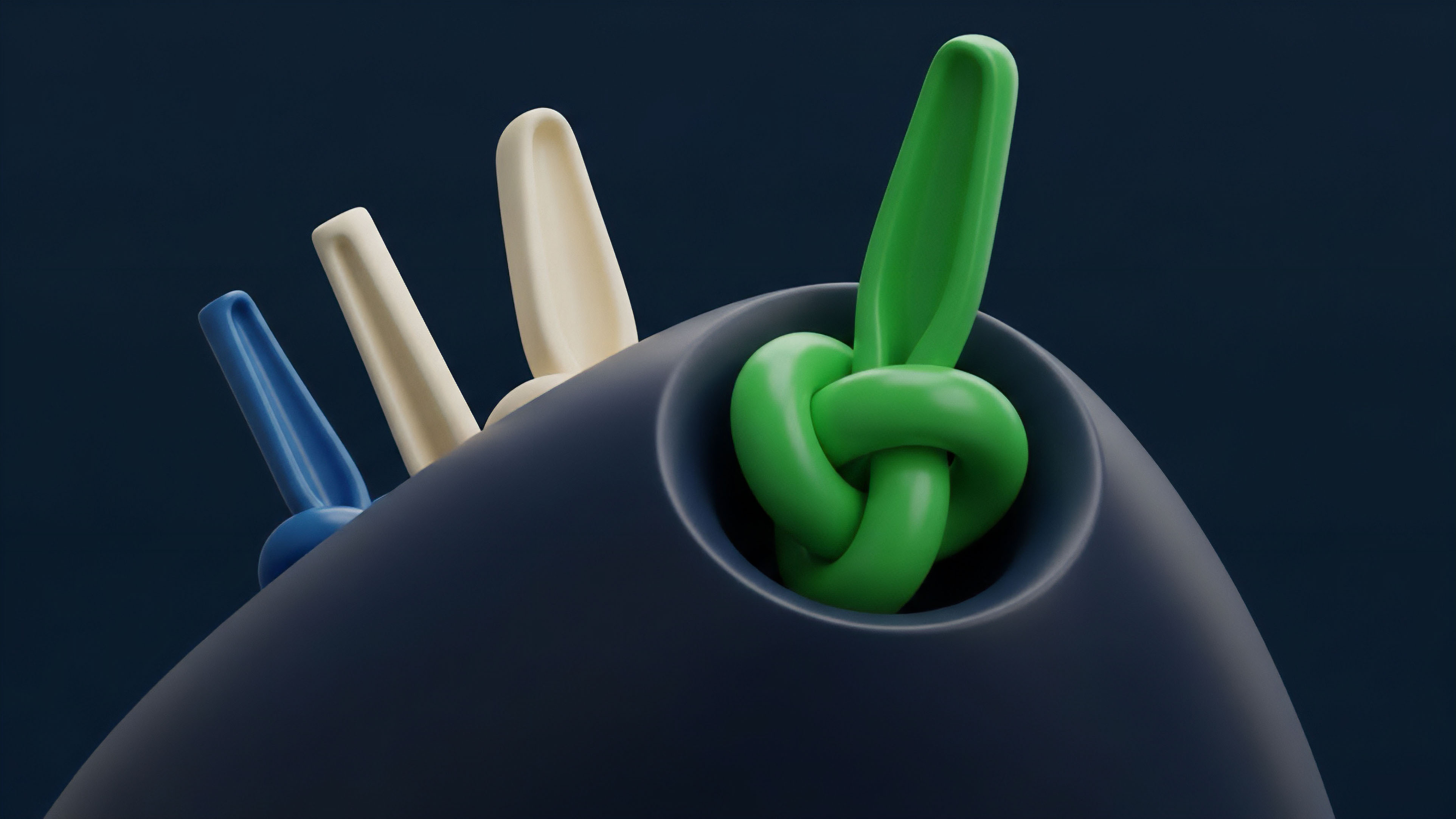 The image captures a detailed, high-gloss 3D render of stylized links emerging from a rounded dark blue structure. A prominent bright green link forms a complex knot, while a blue link and two beige links stand near it