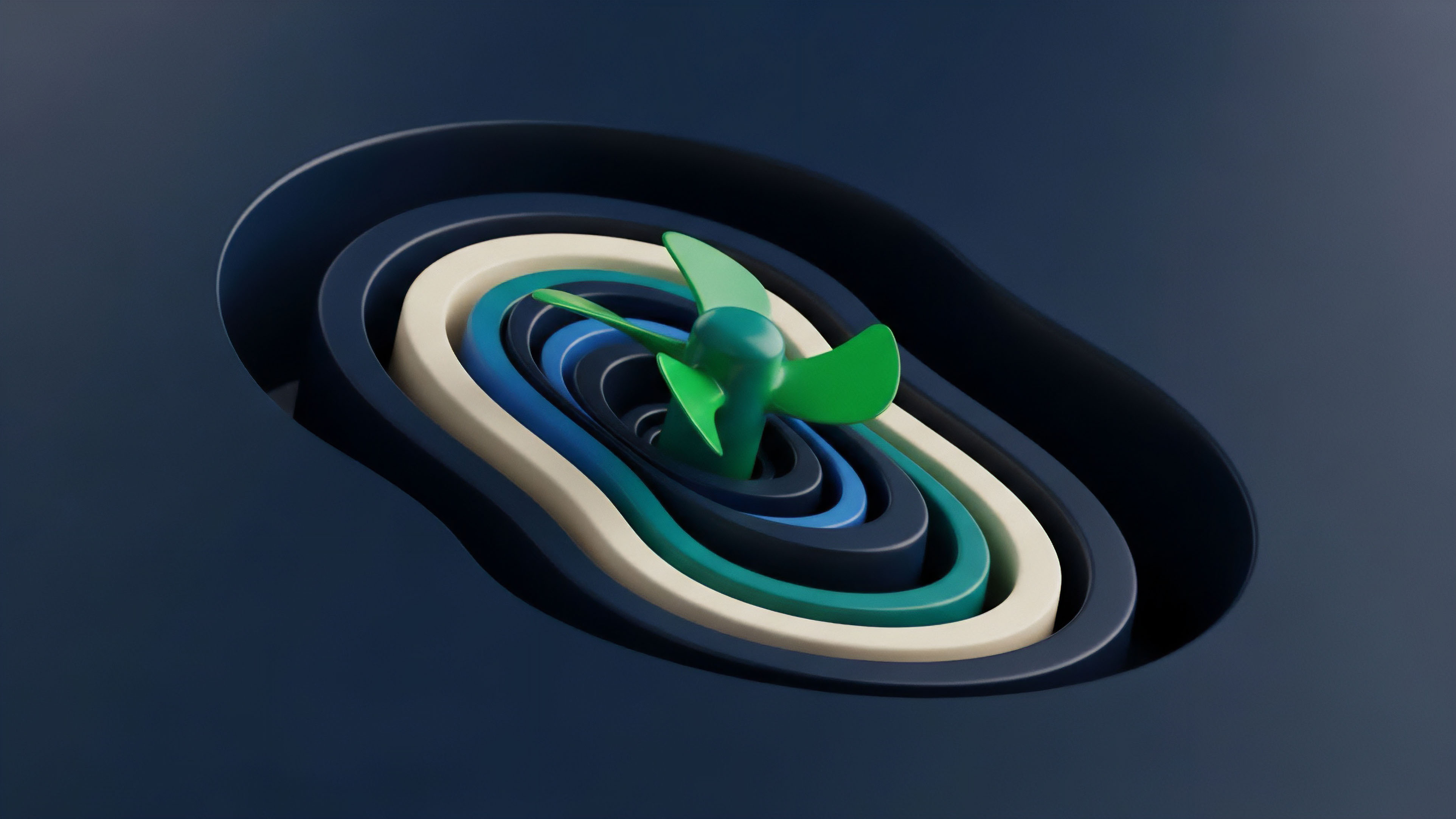 A central green propeller emerges from a core of concentric layers, representing a financial derivative mechanism within a decentralized finance protocol. The layered structure, composed of varying shades of blue, teal, and cream, symbolizes different risk tranches in a structured product. Each stratum corresponds to specific collateral pools and associated risk stratification, where the propeller signifies the yield generation mechanism driven by smart contract automation and algorithmic execution. This design visually interprets the complexities of liquidity pools and capital efficiency in automated market making.