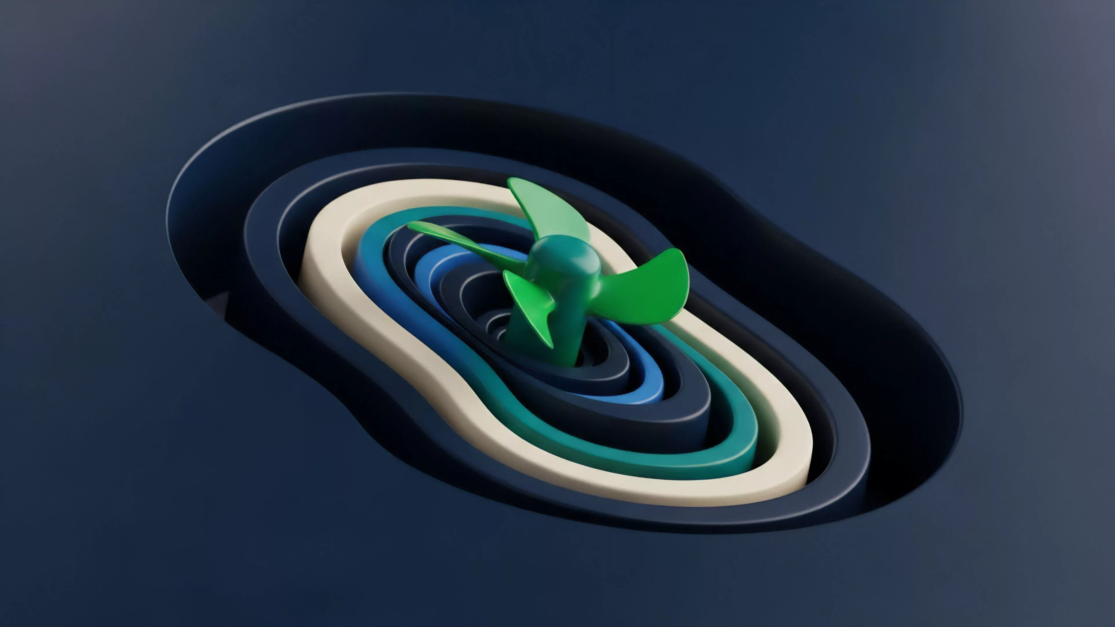 A central green propeller emerges from a core of concentric layers, representing a financial derivative mechanism within a decentralized finance protocol. The layered structure, composed of varying shades of blue, teal, and cream, symbolizes different risk tranches in a structured product. Each stratum corresponds to specific collateral pools and associated risk stratification, where the propeller signifies the yield generation mechanism driven by smart contract automation and algorithmic execution. This design visually interprets the complexities of liquidity pools and capital efficiency in automated market making.