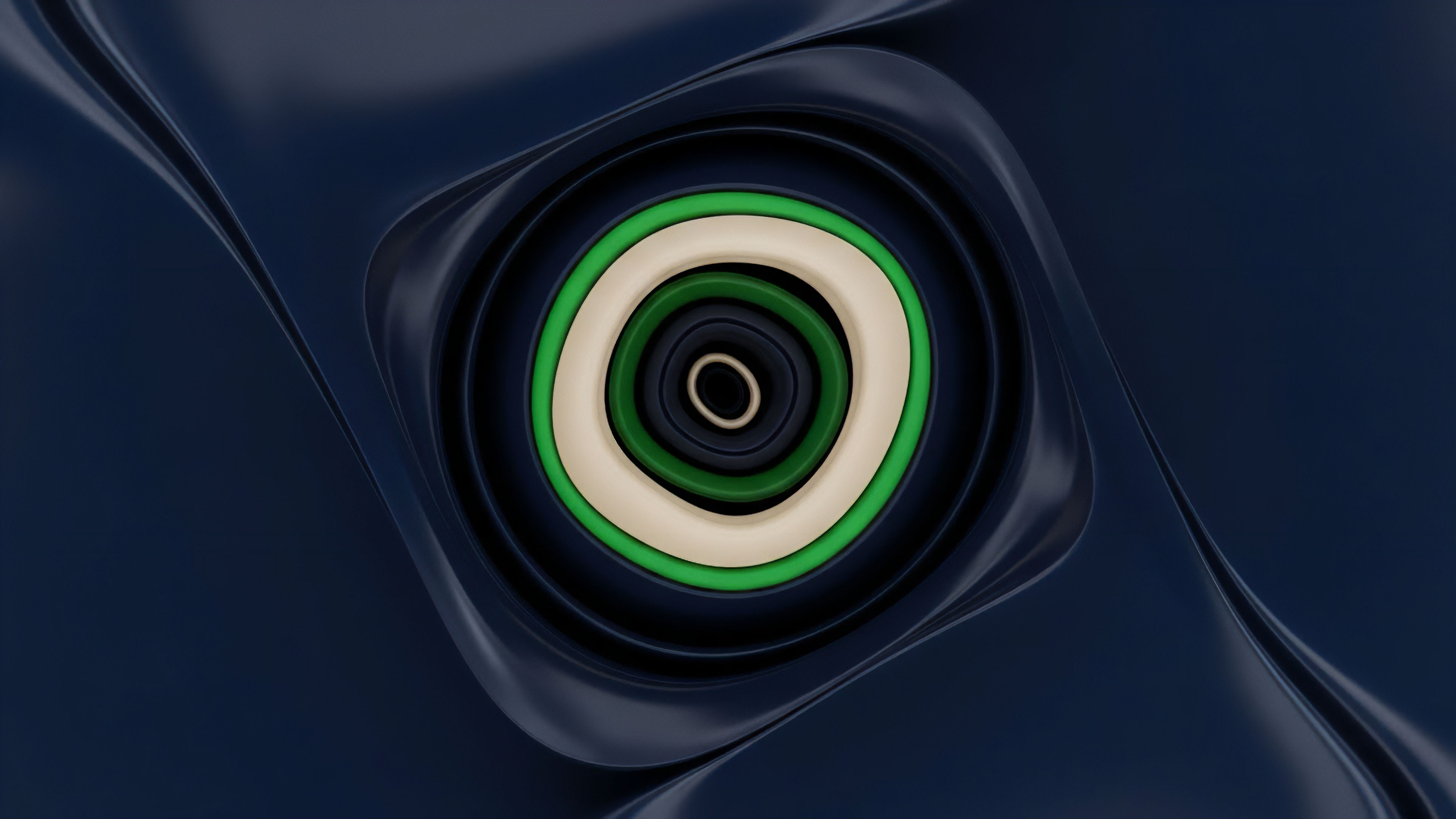 A multi-layered concentric ring structure composed of green, off-white, and dark tones is set within a flowing deep blue background. This abstract composition symbolizes the complexity of nested derivatives and multi-layered collateralization structures in decentralized finance. The central rings represent tiers of collateral and intrinsic value, while the surrounding undulating surface signifies market volatility and liquidity flow. This visual metaphor illustrates how risk transfer mechanisms are built from core protocols outward, reflecting the interplay of composability and algorithmic strategies in structured products. The image captures the dynamic nature of options trading and risk exposure in a high-leverage environment.