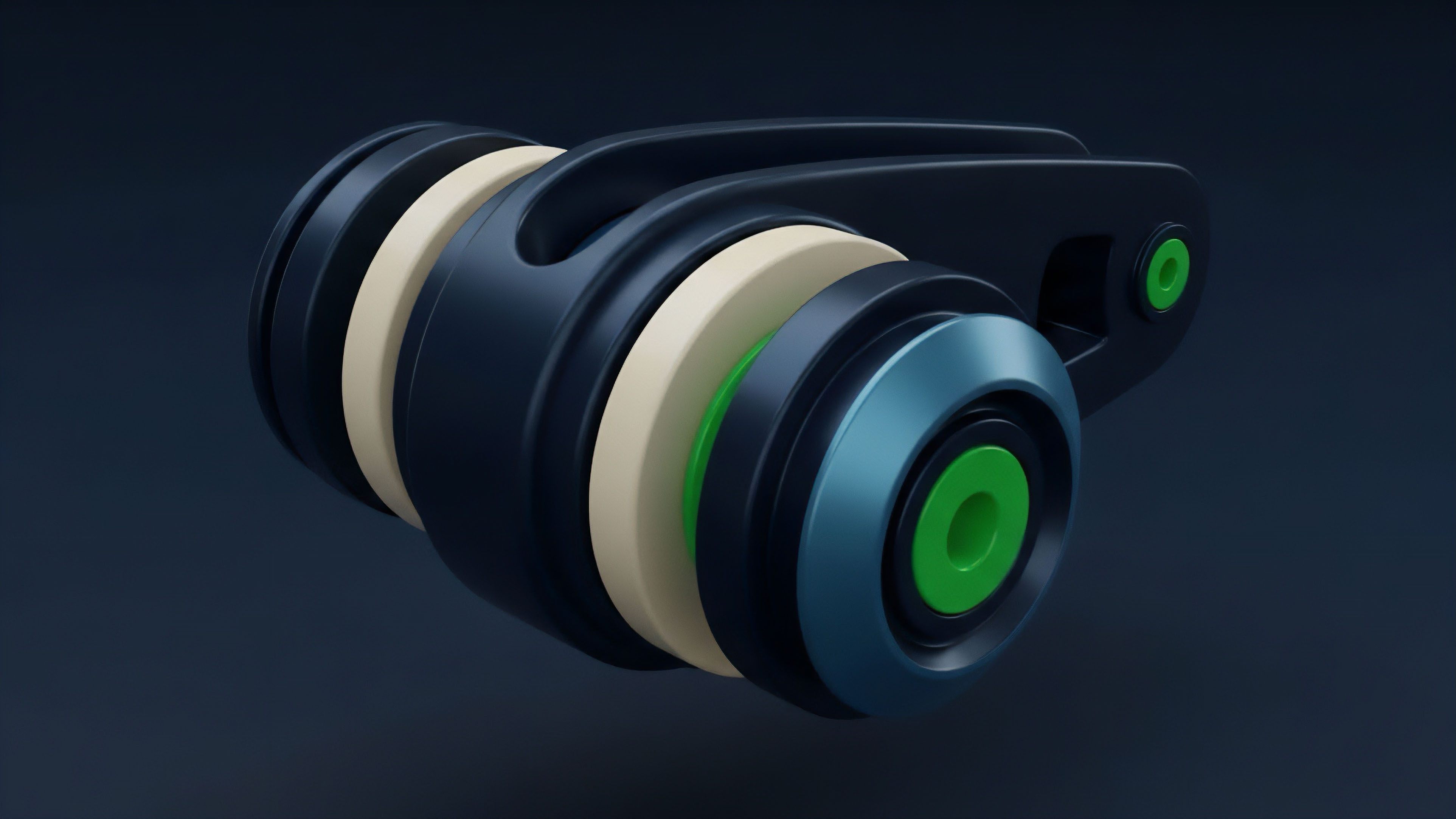 A three-quarter view of a mechanical component featuring a complex layered structure. The object is composed of multiple concentric rings and surfaces in various colors, including matte black, light cream, metallic teal, and bright neon green accents on the inner and outer layers