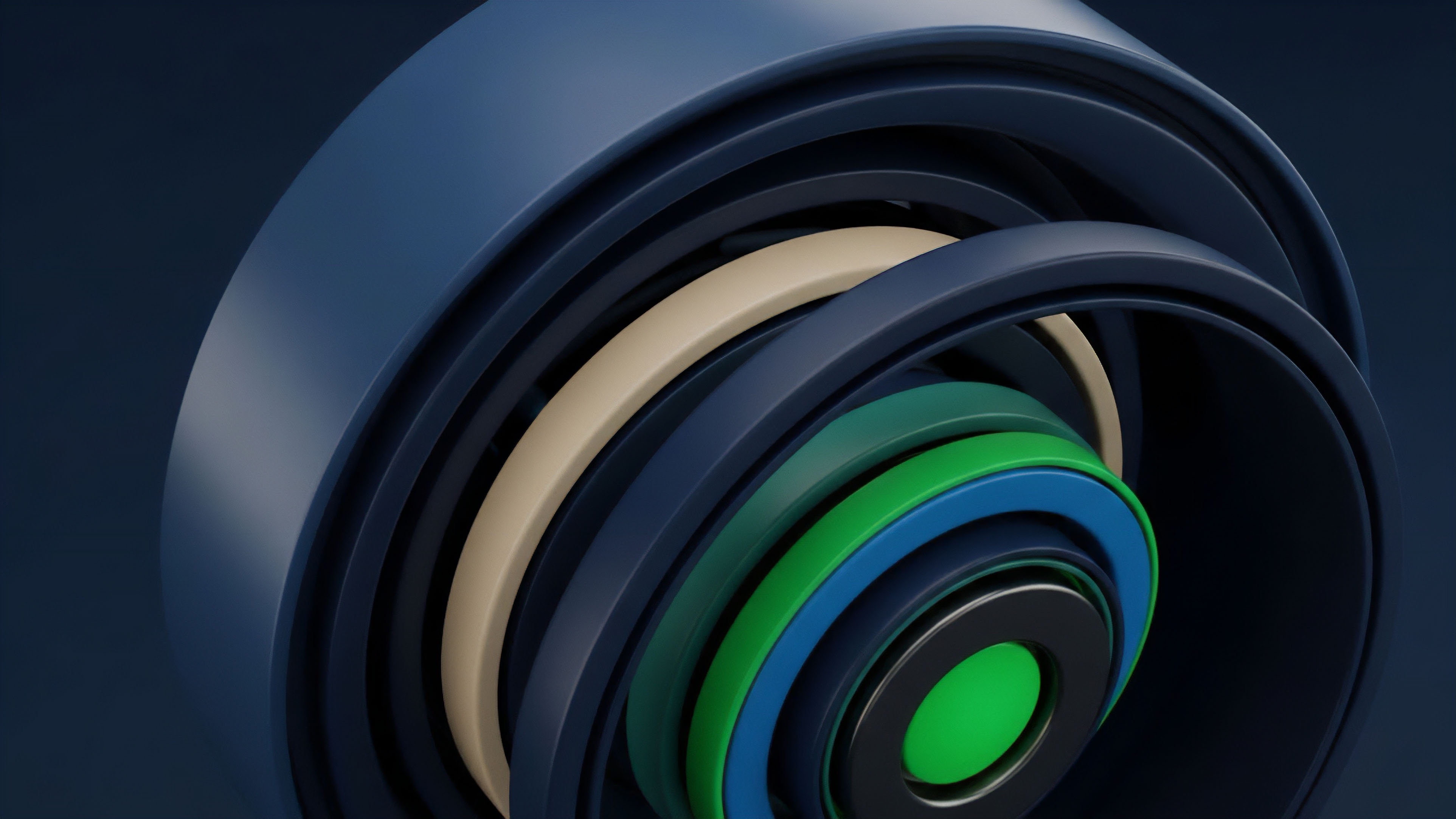 A close-up view presents an abstract composition of nested concentric rings in shades of dark blue, beige, green, and black. The layers diminish in size towards the center, creating a sense of depth and complex structure