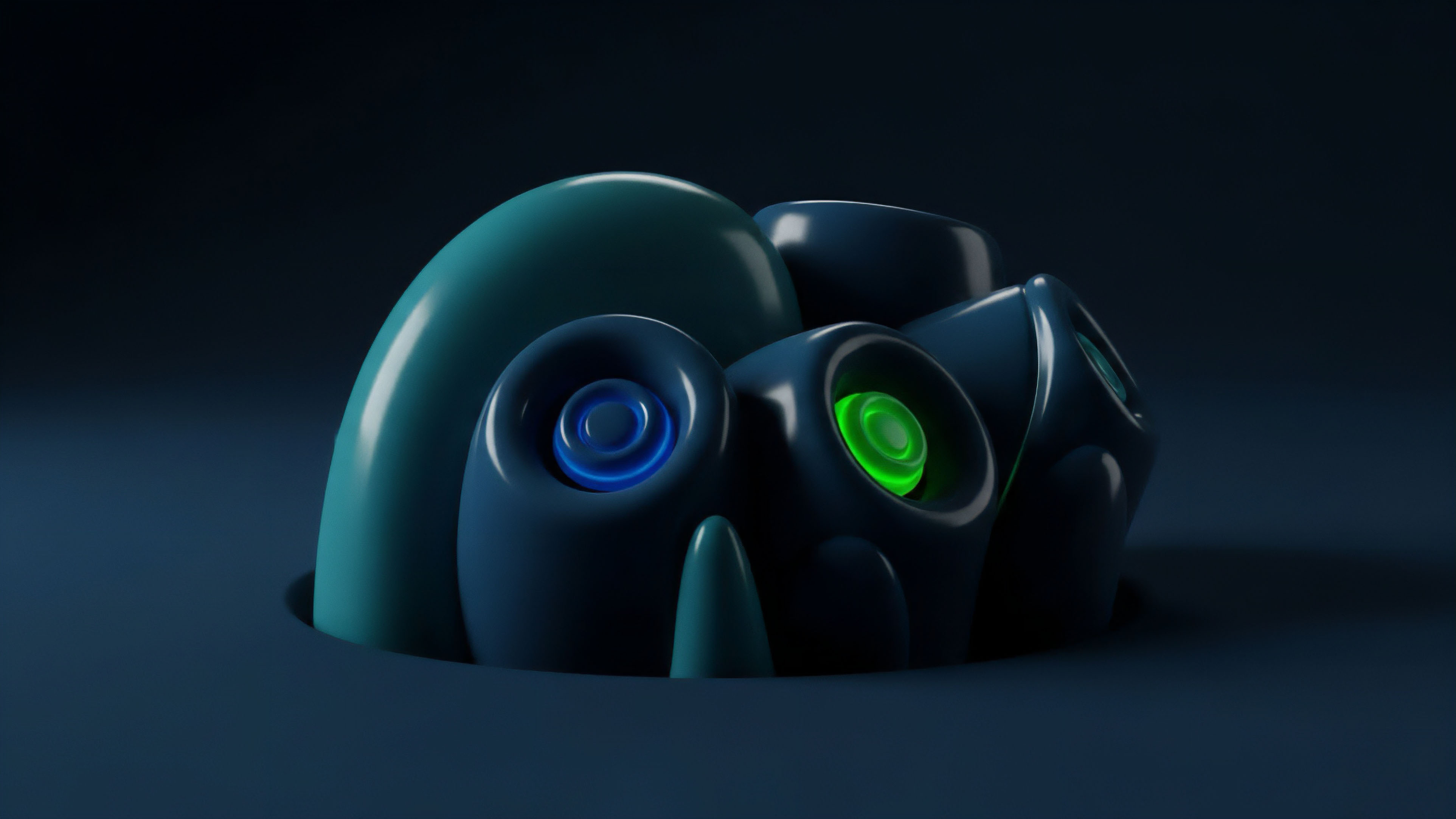 A deep blue and teal abstract form emerges from a dark surface. This high-tech visual metaphor represents a complex decentralized finance protocol. Interconnected components signify automated market makers and collateralization mechanisms. The glowing green light symbolizes off-chain data feeds, while the blue light indicates on-chain liquidity pools. This structure illustrates the complexity of yield farming strategies and structured products. The composition evokes the intricate risk management and protocol governance inherent in decentralized autonomous organizations.