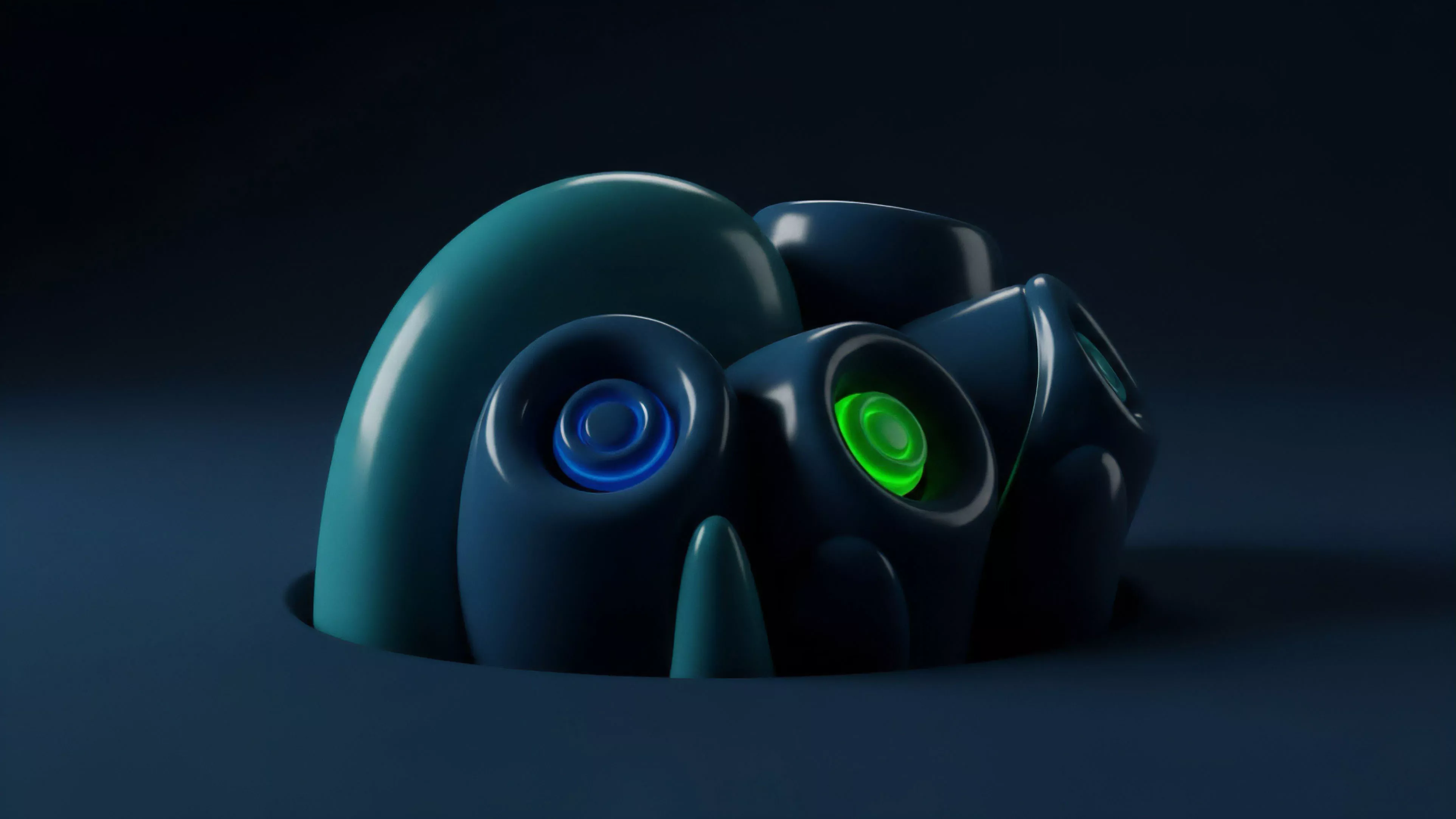 A deep blue and teal abstract form emerges from a dark surface.