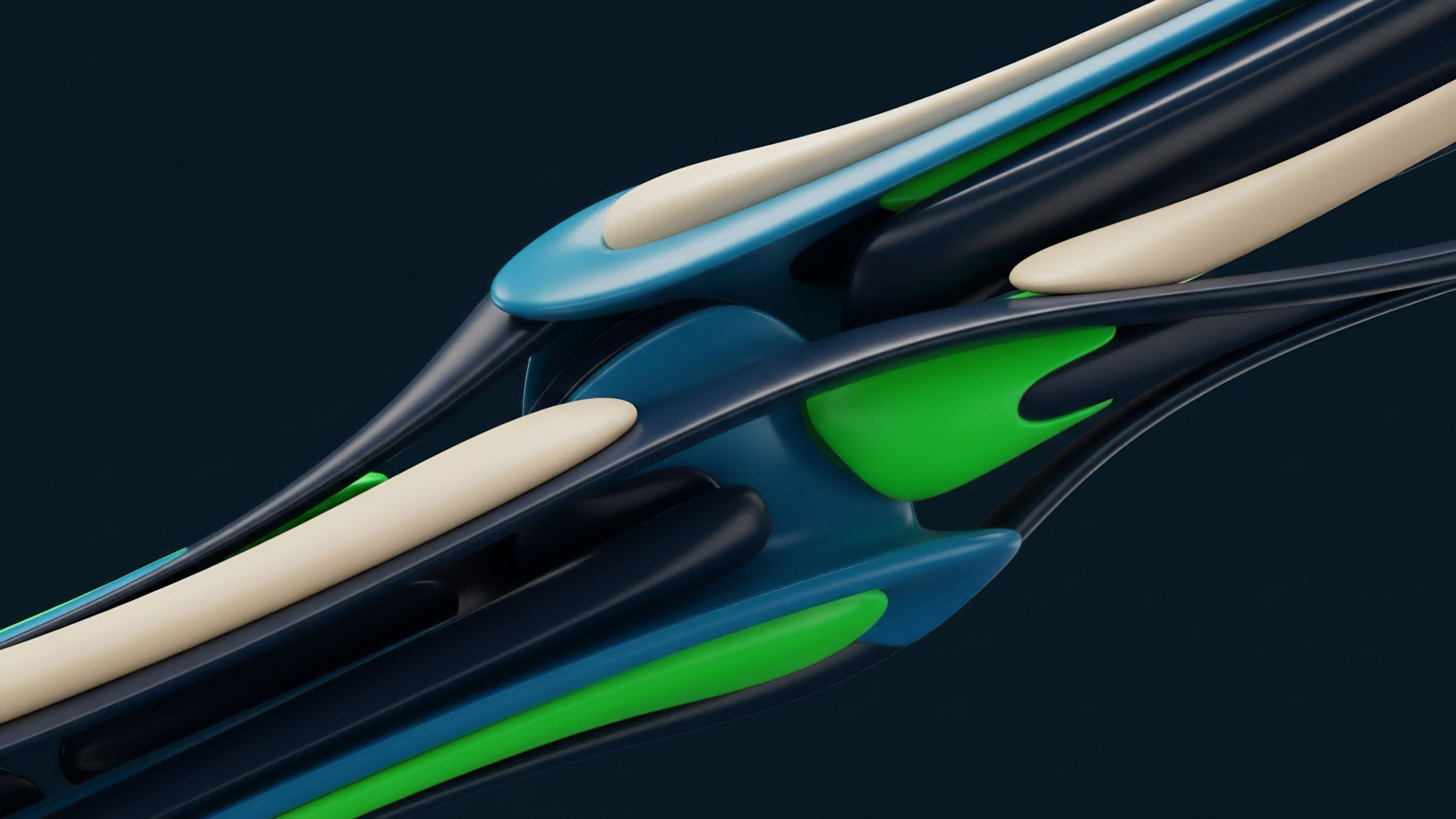 An abstract visualization depicts interwoven, layered structures of deep blue, light blue, bright green, and beige elements. This represents a complex financial derivative structured product within a decentralized finance DeFi ecosystem. The various colored layers symbolize different risk tranches where the bright green sections signify high-yield mezzanine tranches potentially utilizing algorithmic options trading strategies. The dark blue base layers represent senior tranches with stable liquidity provision, demonstrating risk stratification in market microstructure. This abstract system illustrates a multi-asset collateralized debt obligation structure.