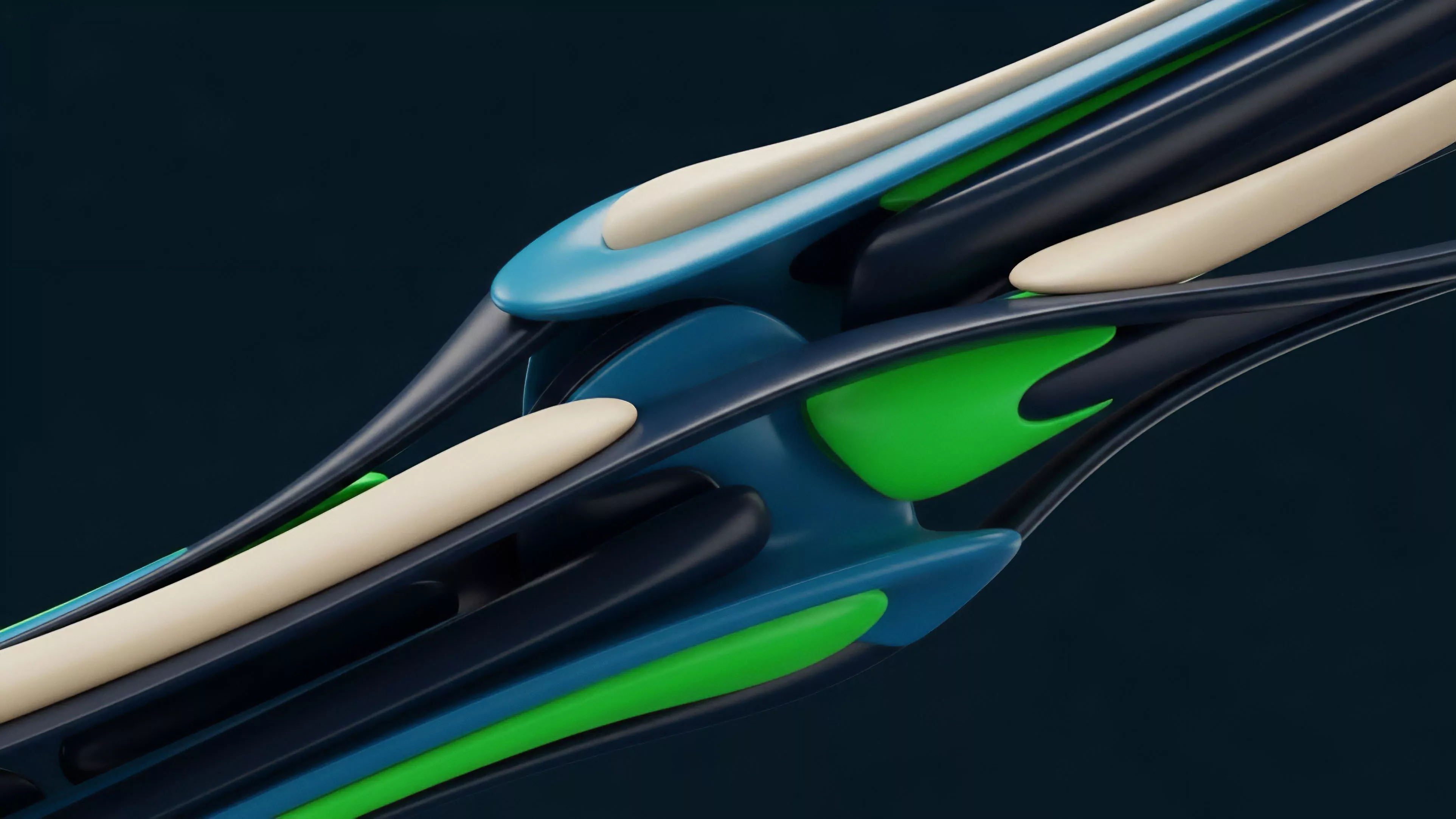 An abstract visualization depicts interwoven, layered structures of deep blue, light blue, bright green, and beige elements.