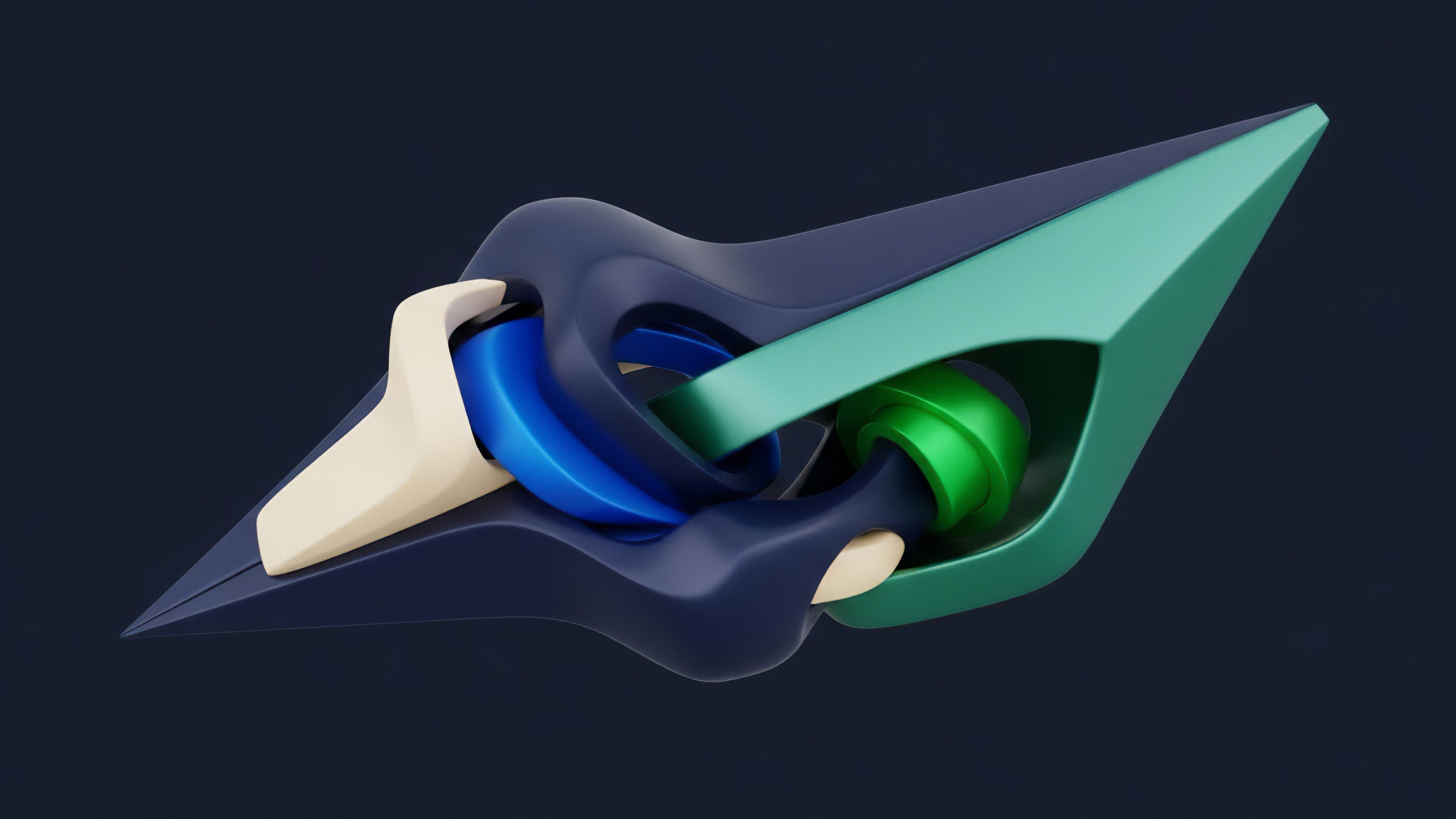 An abstract composition features dynamically intertwined elements, rendered in smooth surfaces with a palette of deep blue, mint green, and cream. The structure resembles a complex mechanical assembly where components interlock at a central point