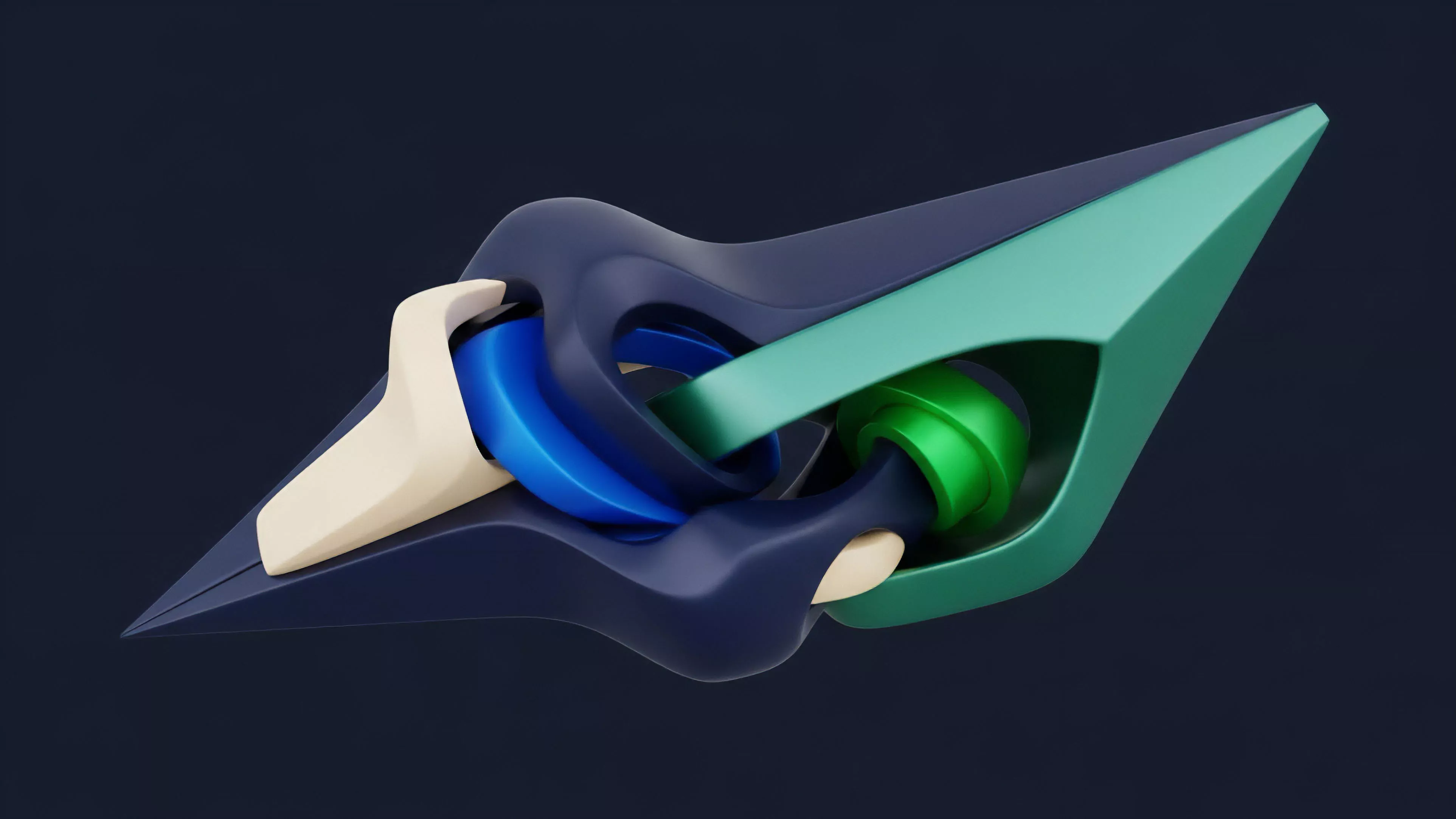 This abstract composition features dynamically intertwined elements, rendered in smooth surfaces with a palette of deep blue, mint green, and cream.