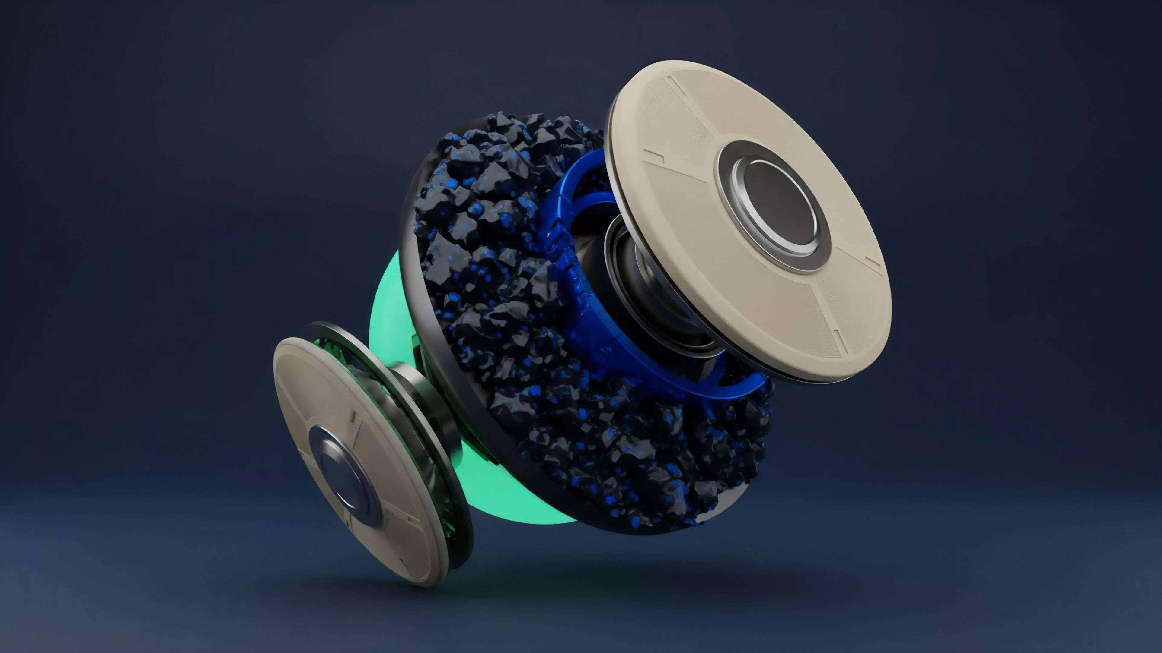 A detailed abstract visualization shows a complex mechanical device with two light-colored spools and a core filled with dark granular material, highlighting a glowing green component. The object's components appear partially disassembled, showcasing internal mechanisms set against a dark blue background
