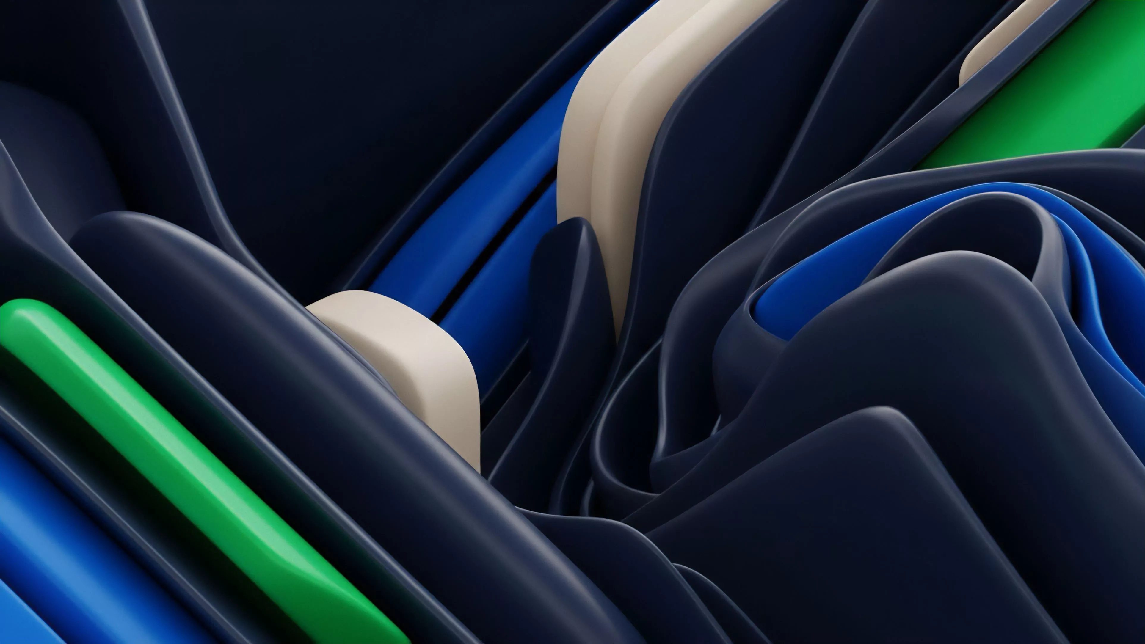 An abstract digital rendering showcases intertwined, flowing structures composed of deep navy and bright blue elements. These forms are layered with accents of vibrant green and light beige, suggesting a complex, dynamic system