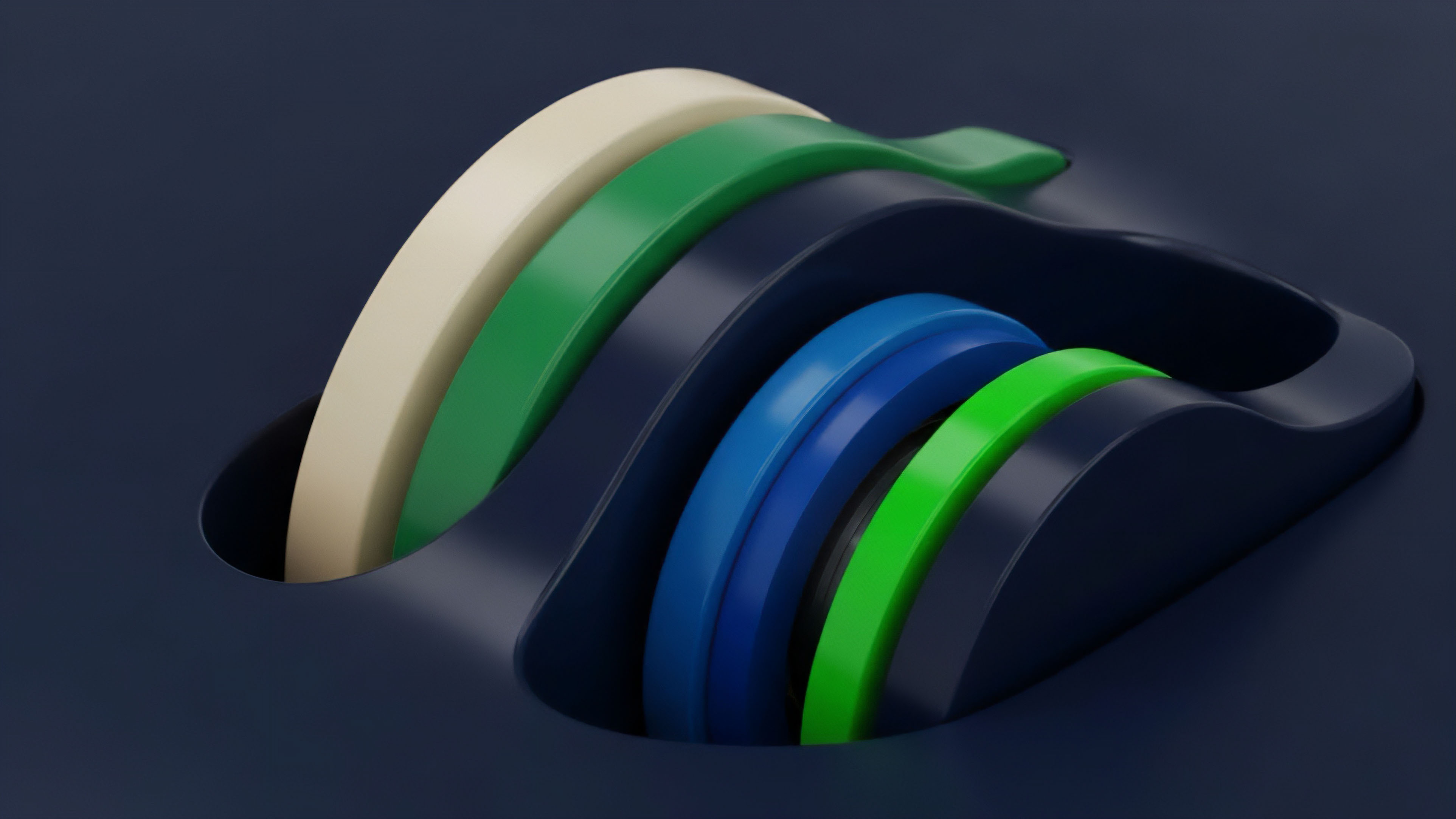 A digital rendering features several wavy, overlapping bands emerging from and receding into a dark, sculpted surface. The bands display different colors, including cream, dark green, and bright blue, suggesting layered or stacked elements within a larger structure