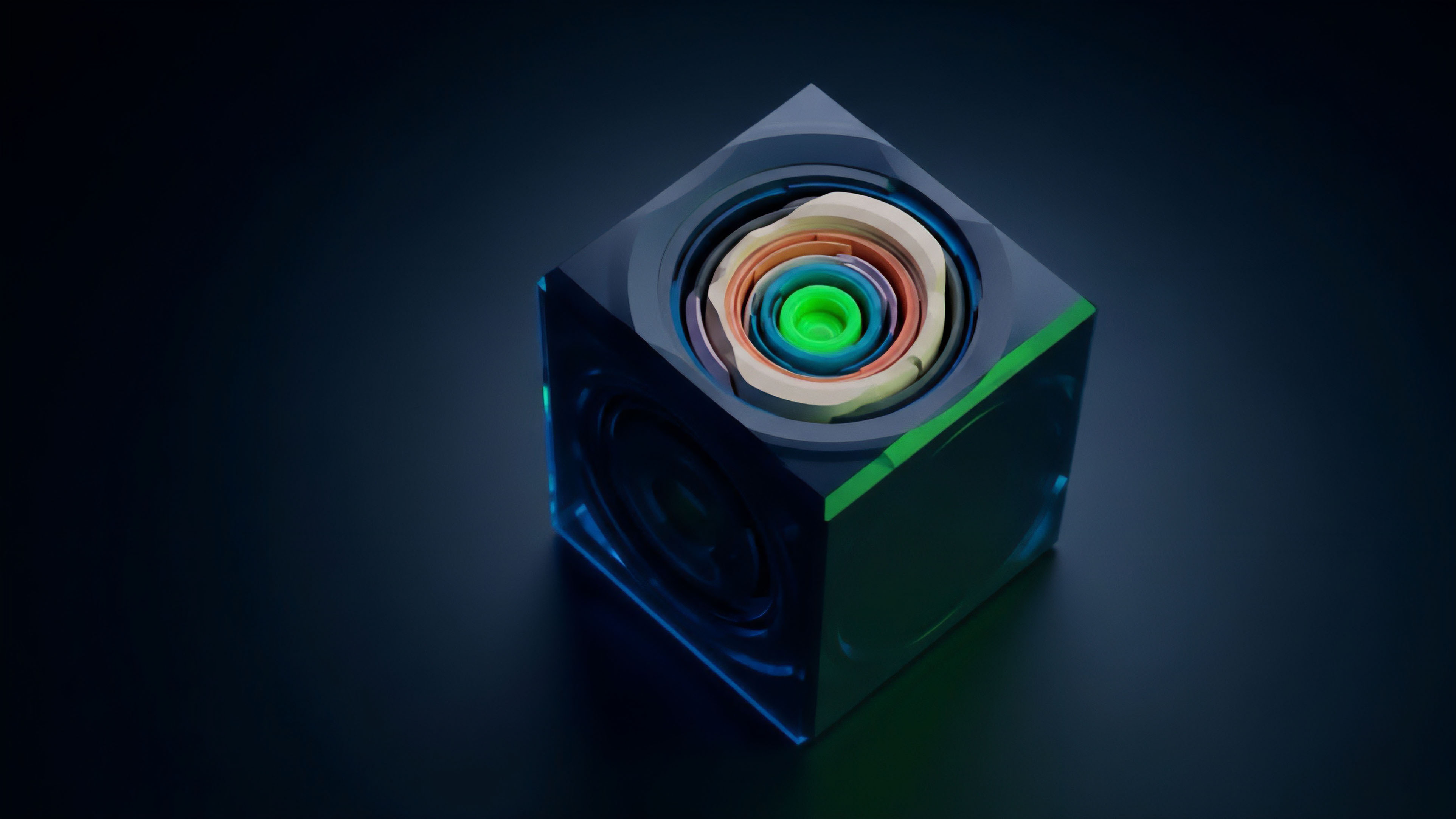 A transparent cube containing a complex, concentric structure represents the architecture of a decentralized finance DeFi protocol. The cube itself symbolizes a smart contract or secure vault, while the nested internal layers illustrate cascading dependencies within the protocol. This visualization captures the essence of algorithmic complexity in derivatives pricing and yield generation strategies. The bright green core signifies the governance token or core liquidity pool, emphasizing the central value proposition and risk management structure within a transparent on-chain framework.