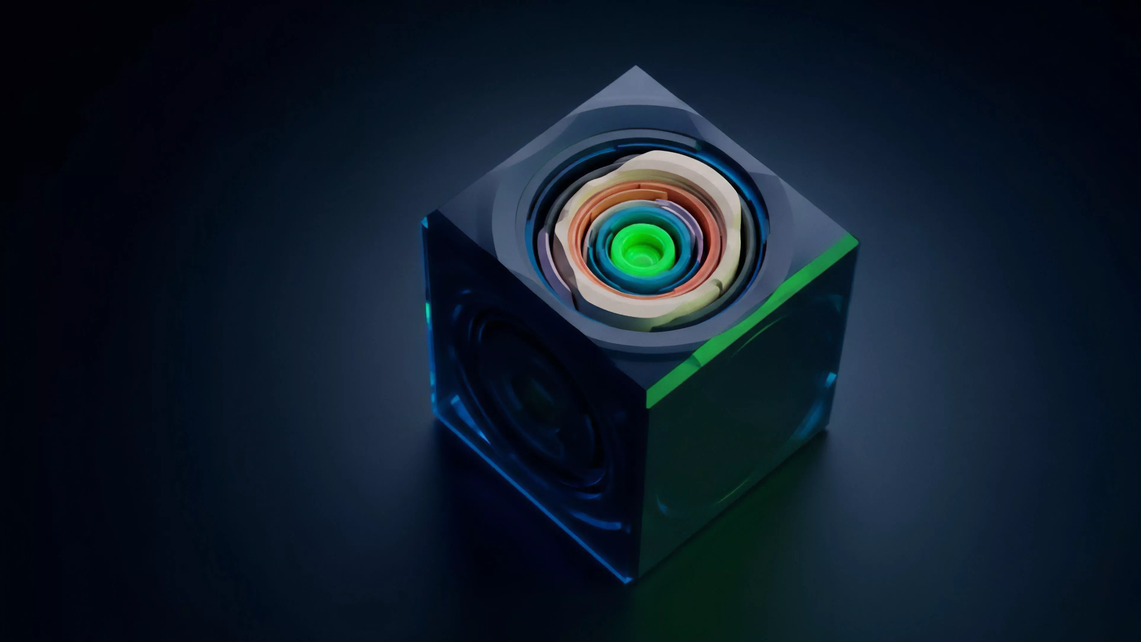 A transparent cube containing a complex, concentric structure represents the architecture of a decentralized finance DeFi protocol.