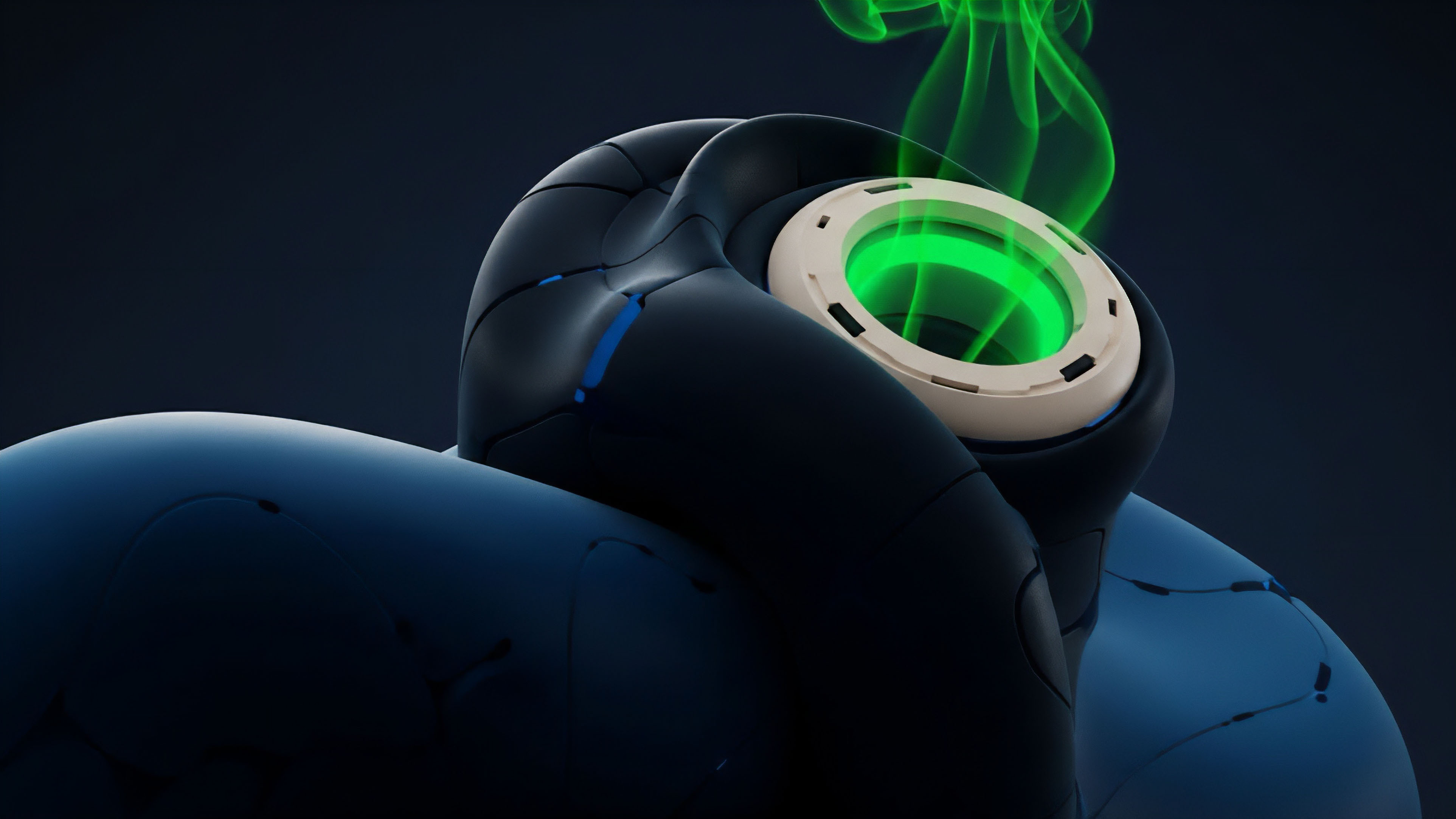 A high-resolution, close-up view shows a futuristic, dark blue and black mechanical structure with a central, glowing green core. Green energy or smoke emanates from the core, highlighting a smooth, light-colored inner ring set against the darker, sculpted outer shell