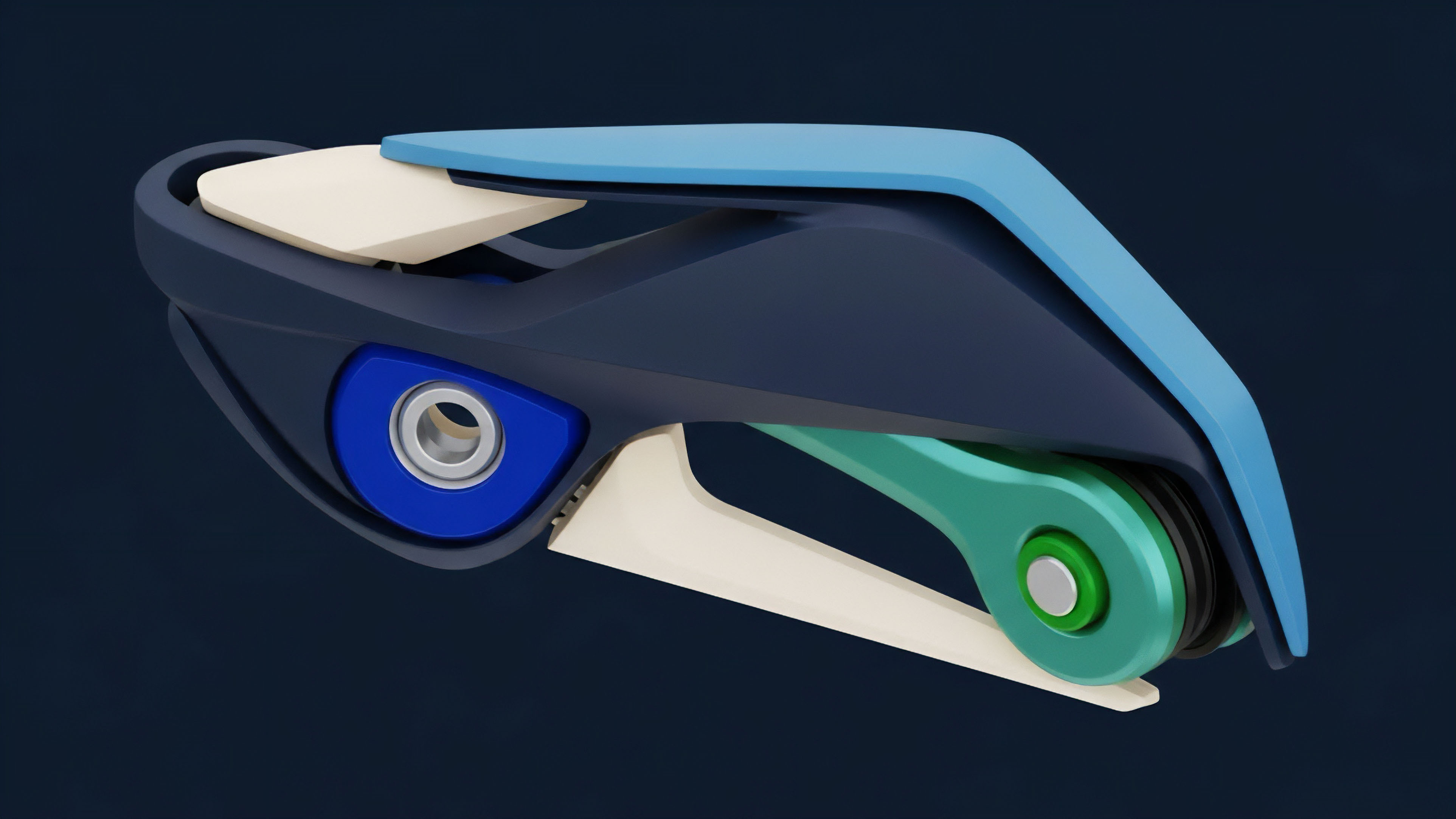 A three-dimensional rendering showcases a futuristic, abstract device against a dark background. The object features interlocking components in dark blue, light blue, off-white, and teal green, centered around a metallic pivot point and a roller mechanism