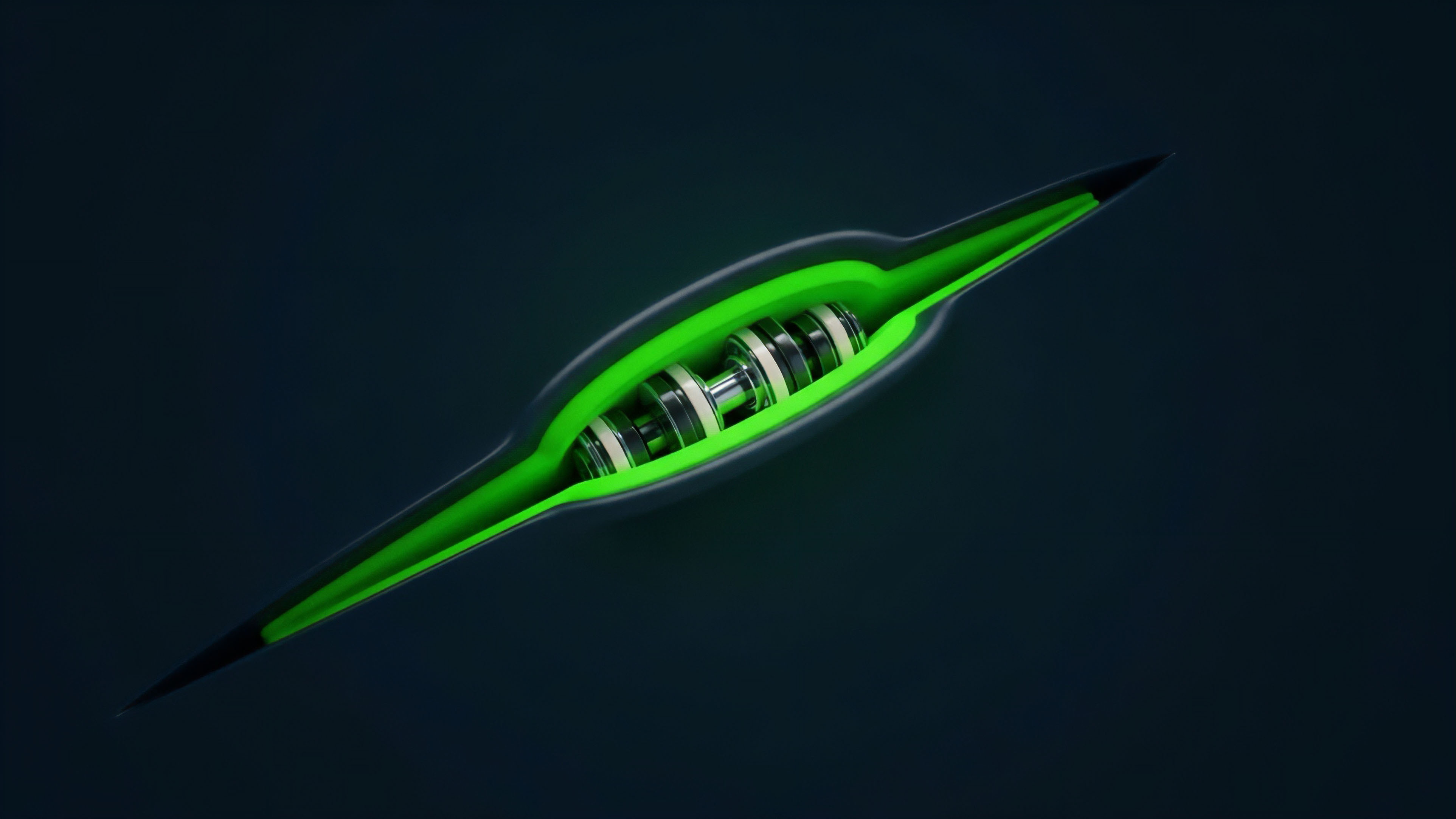 A visual metaphor for a complex derivative instrument or structured financial product within high-frequency trading. The sleek, dark casing represents the instrument's wrapper, while the glowing green interior symbolizes the underlying financial engineering and yield generation potential. The detailed core mechanism suggests a sophisticated smart contract executing an exotic option strategy or automated market maker logic. This design highlights the precision required for delta hedging and efficient algorithmic execution, managing risk premium and implied volatility in decentralized finance.