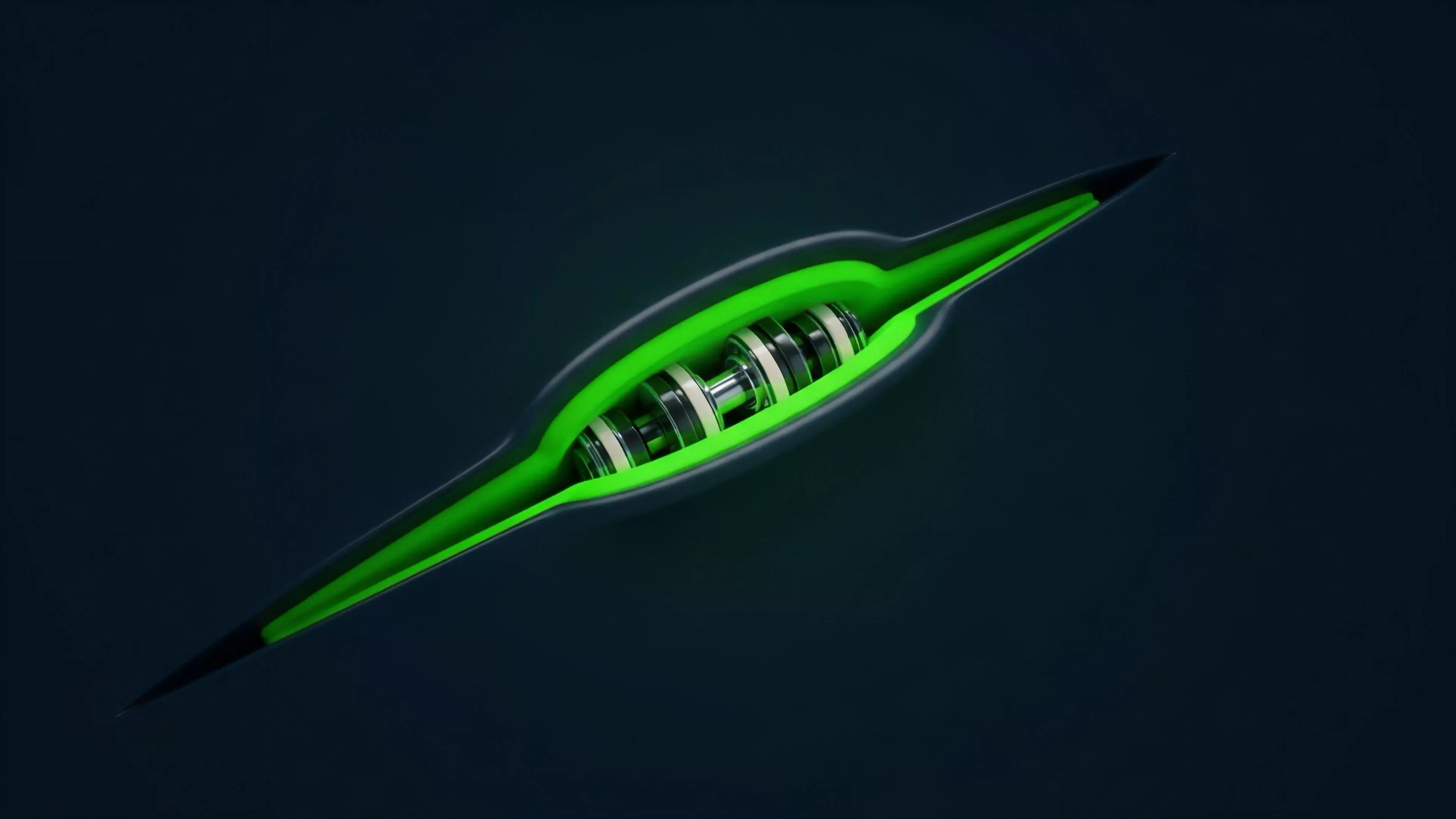 A streamlined, dark object features an internal cross-section revealing a bright green, glowing cavity. Within this cavity, a detailed mechanical core composed of silver and white elements is visible, suggesting a high-tech or sophisticated internal mechanism