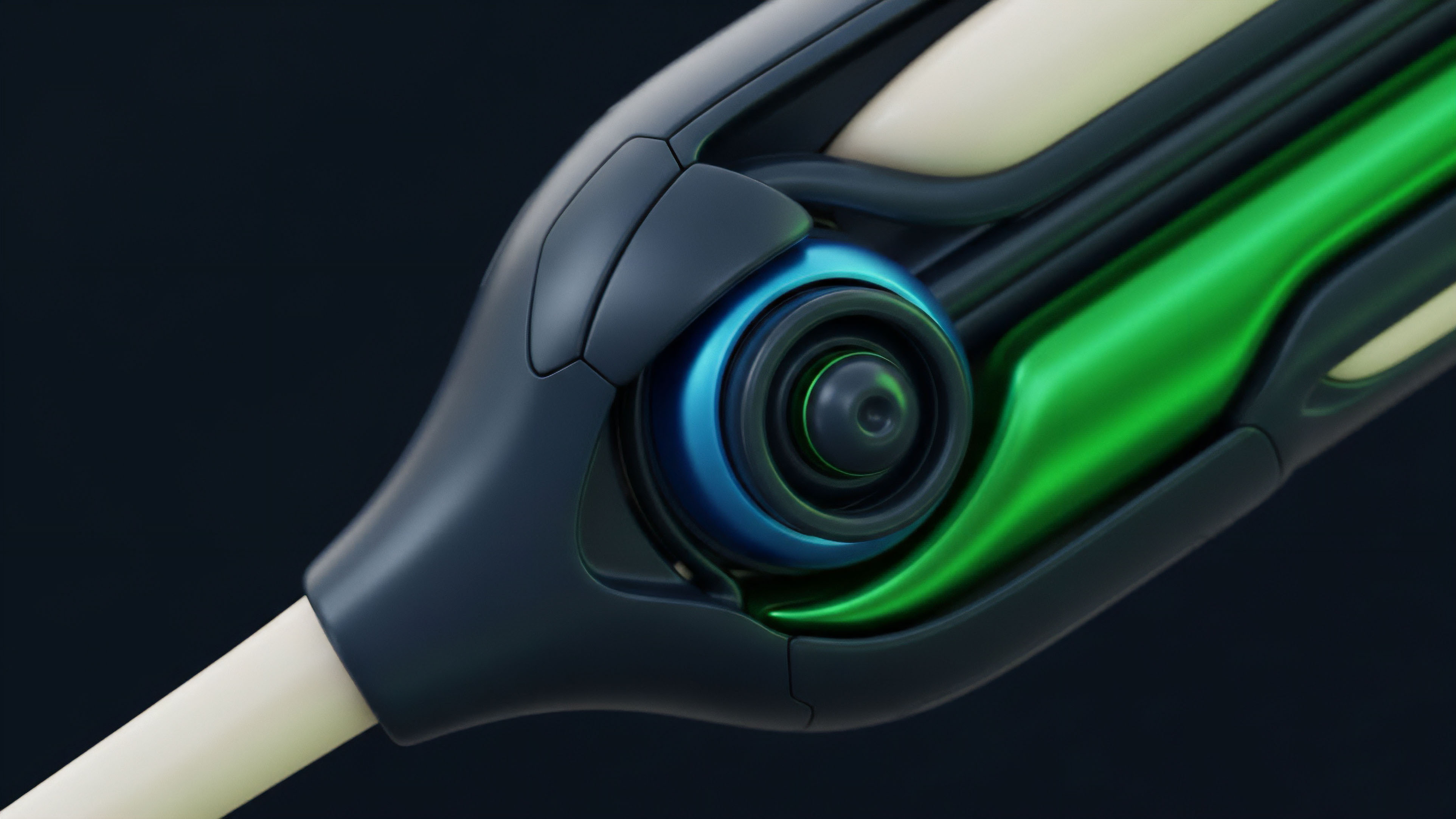 A high-resolution image captures a futuristic, complex mechanical structure with smooth curves and contrasting colors. The object features a dark grey and light cream chassis, highlighting a central blue circular component and a vibrant green glowing channel that flows through its core