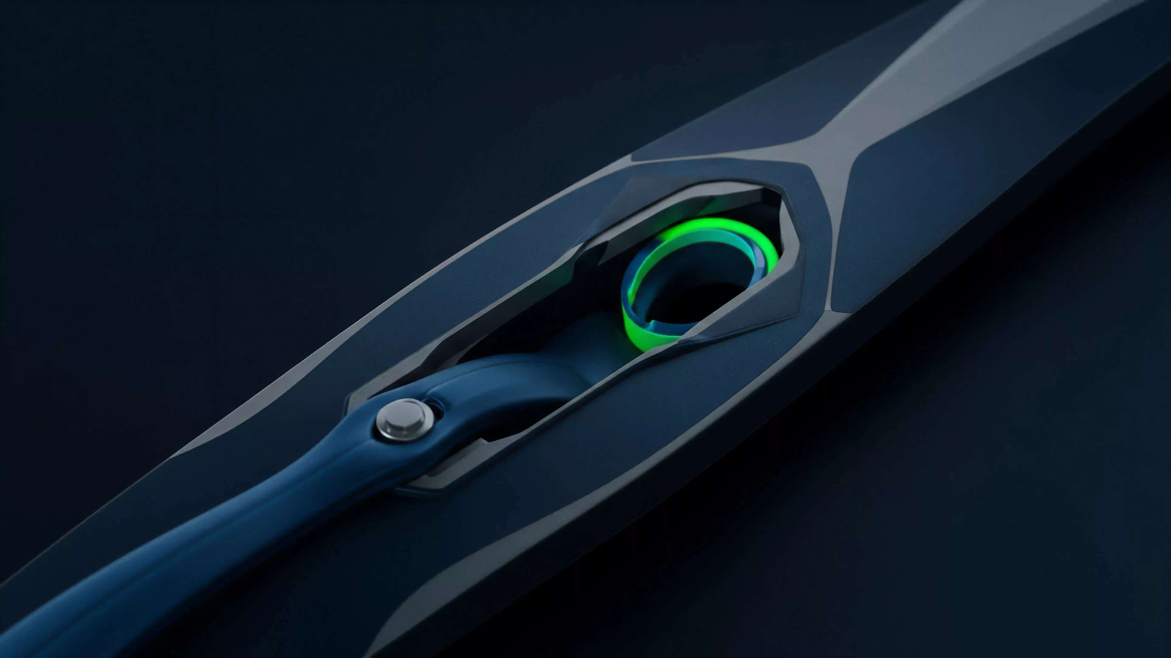 A high-resolution close-up reveals a sophisticated technological mechanism on a dark surface, featuring a glowing green ring nestled within a recessed structure. A dark blue strap or tether connects to the base of the intricate apparatus