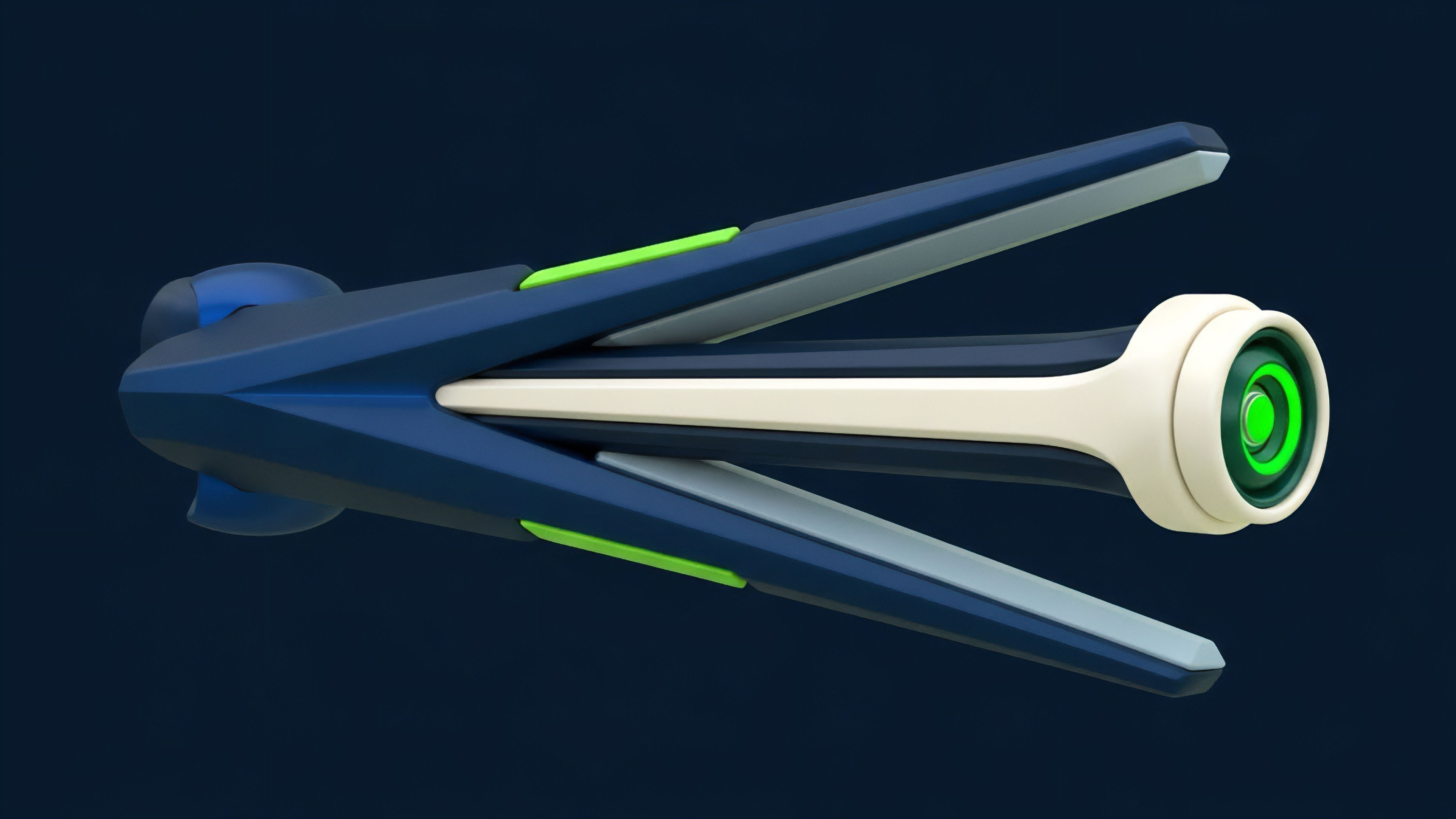 A sleek futuristic device visualizes an algorithmic trading bot mechanism, with separating blue prongs representing dynamic market execution. These prongs simulate the opening and closing of an options spread for volatility arbitrage in the derivatives market. The central core symbolizes the underlying asset, while the glowing green aperture signifies high-frequency execution and successful price discovery. This design encapsulates complex liquidity provision and risk-adjusted return strategies within decentralized finance protocols.