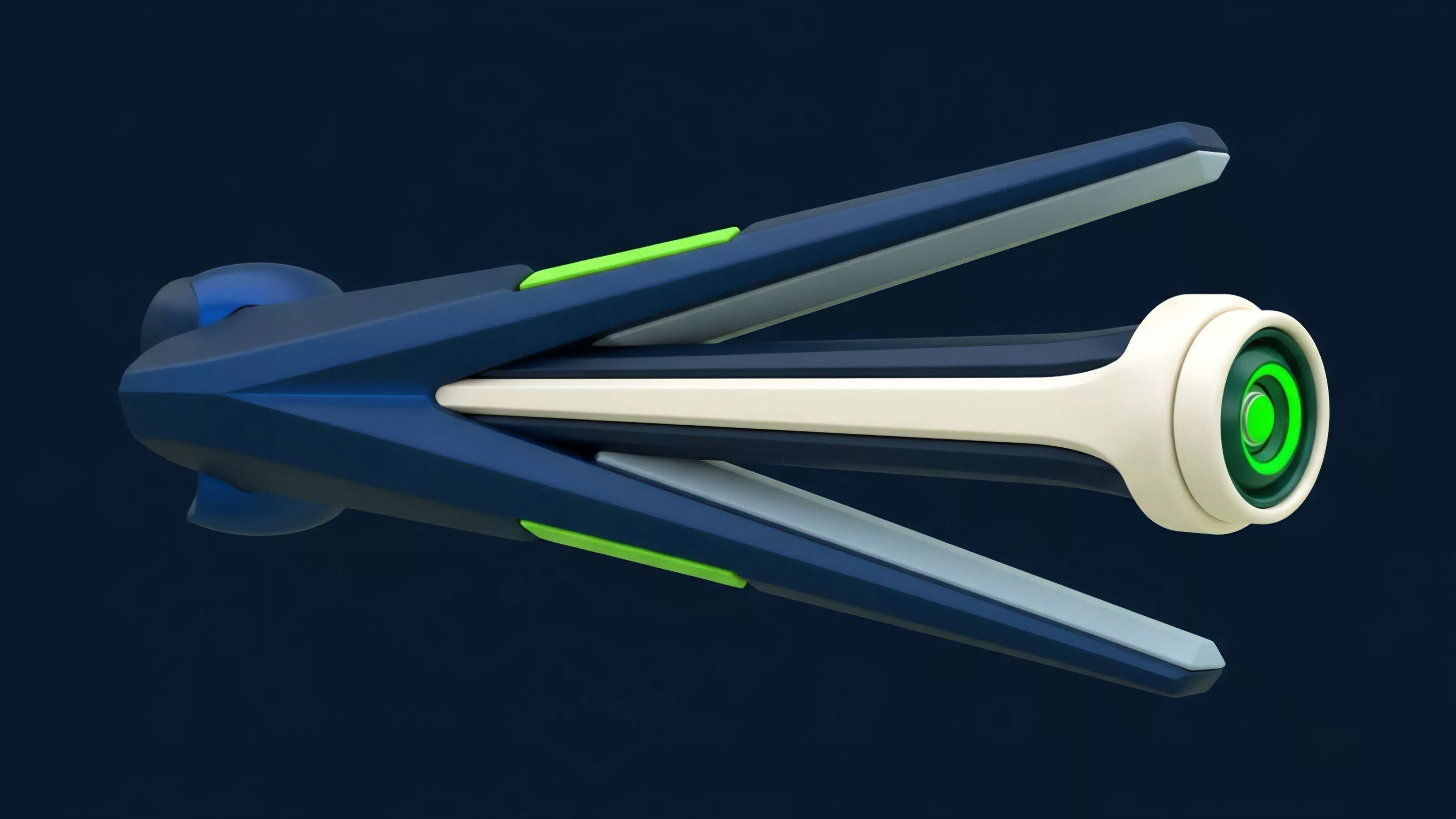 A sleek futuristic device visualizes an algorithmic trading bot mechanism, with separating blue prongs representing dynamic market execution. These prongs simulate the opening and closing of an options spread for volatility arbitrage in the derivatives market. The central core symbolizes the underlying asset, while the glowing green aperture signifies high-frequency execution and successful price discovery. This design encapsulates complex liquidity provision and risk-adjusted return strategies within decentralized finance protocols.