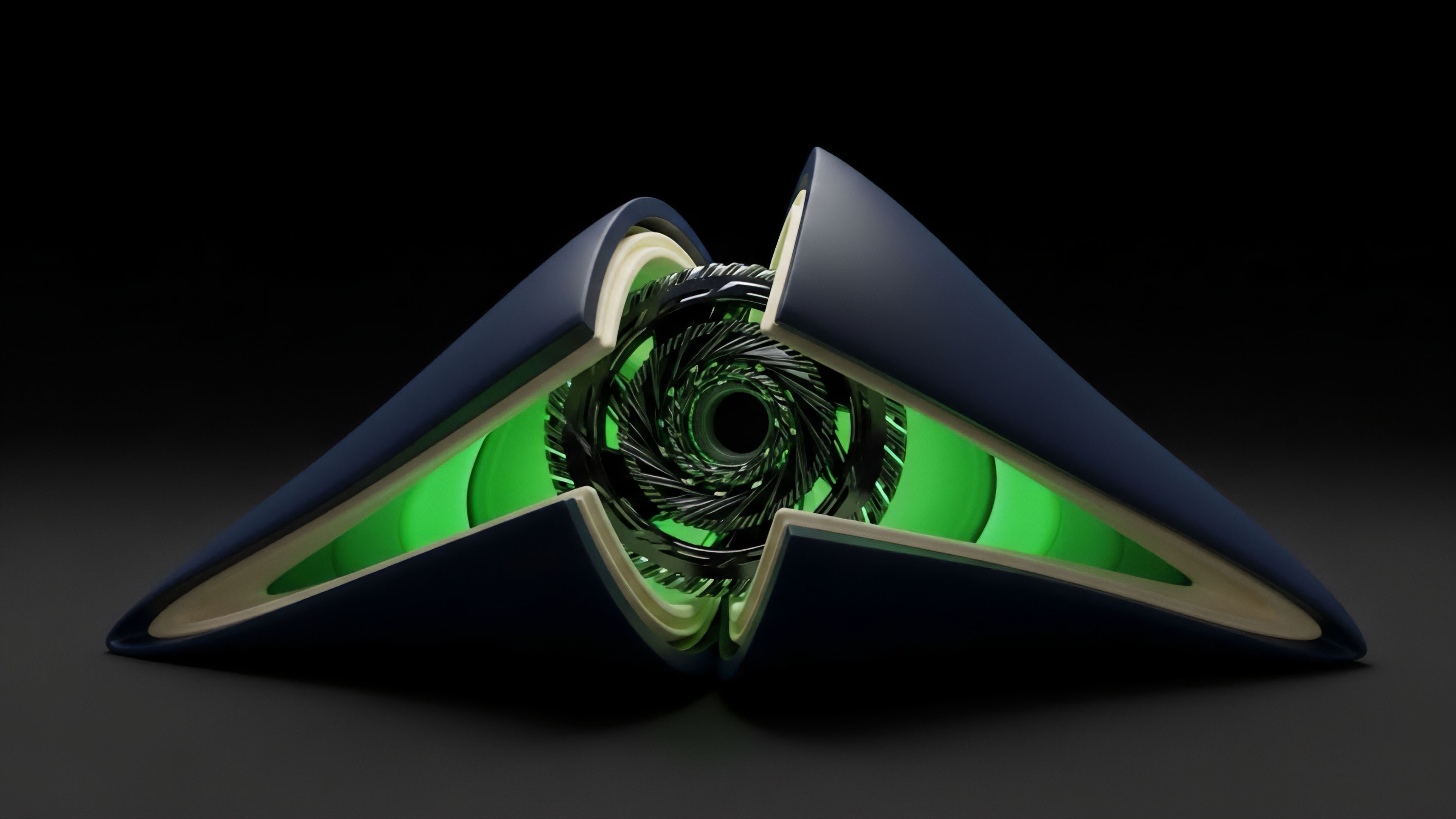 A futuristic, dark blue object opens to reveal a complex mechanical vortex glowing with vibrant green light. This visual metaphor represents a core component of a decentralized derivatives protocol. The intricate, spiraling structure symbolizes continuous liquidity aggregation and dynamic price discovery within an Automated Market Maker AMM system. The green glow signifies high-activity smart contract execution and on-chain data flows for complex options contracts. This imagery captures the sophisticated algorithmic trading infrastructure required for modern financial derivatives in a decentralized ecosystem.