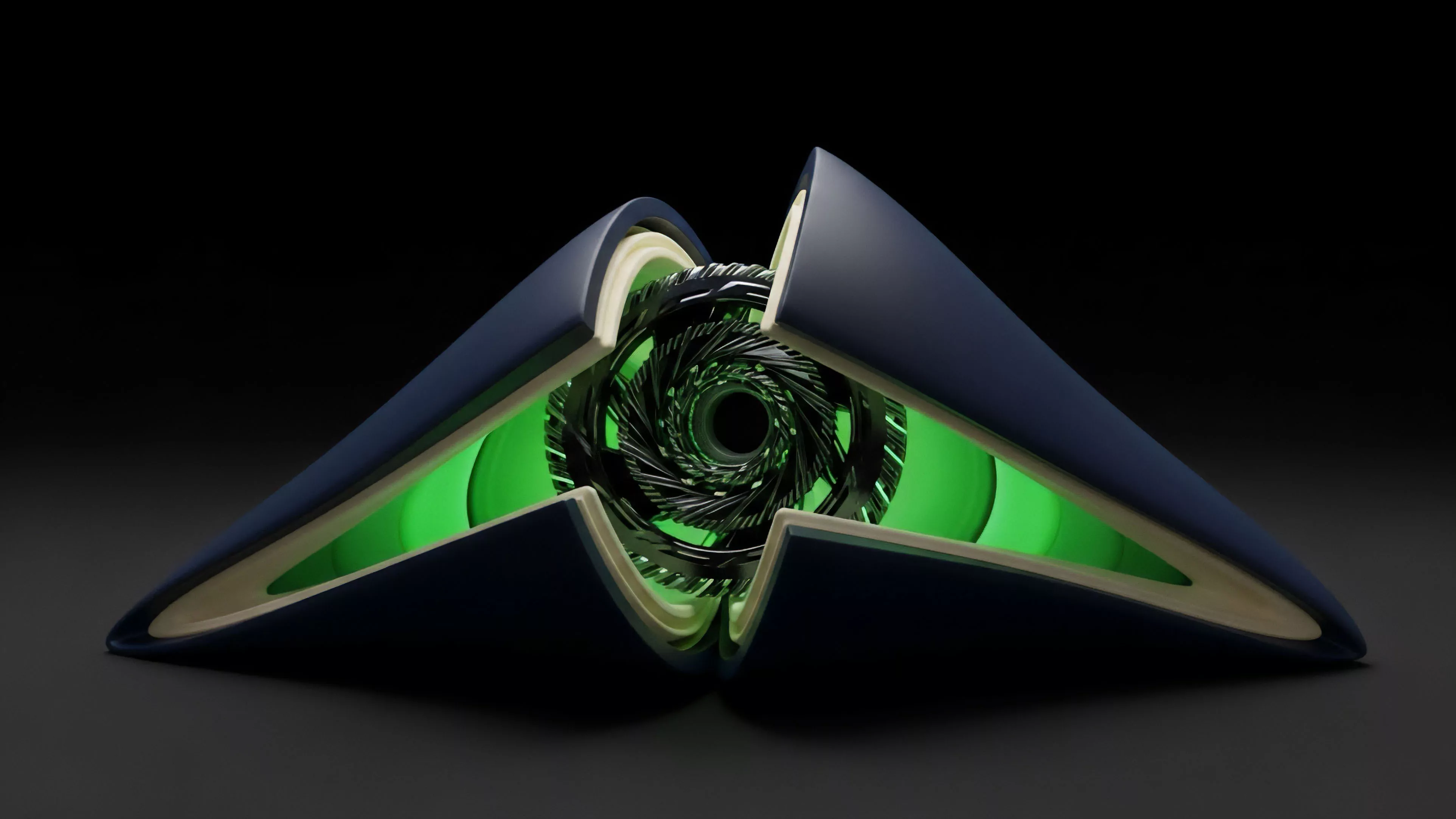 A futuristic, dark blue object opens to reveal a complex mechanical vortex glowing with vibrant green light. This visual metaphor represents a core component of a decentralized derivatives protocol. The intricate, spiraling structure symbolizes continuous liquidity aggregation and dynamic price discovery within an Automated Market Maker AMM system. The green glow signifies high-activity smart contract execution and on-chain data flows for complex options contracts. This imagery captures the sophisticated algorithmic trading infrastructure required for modern financial derivatives in a decentralized ecosystem.
