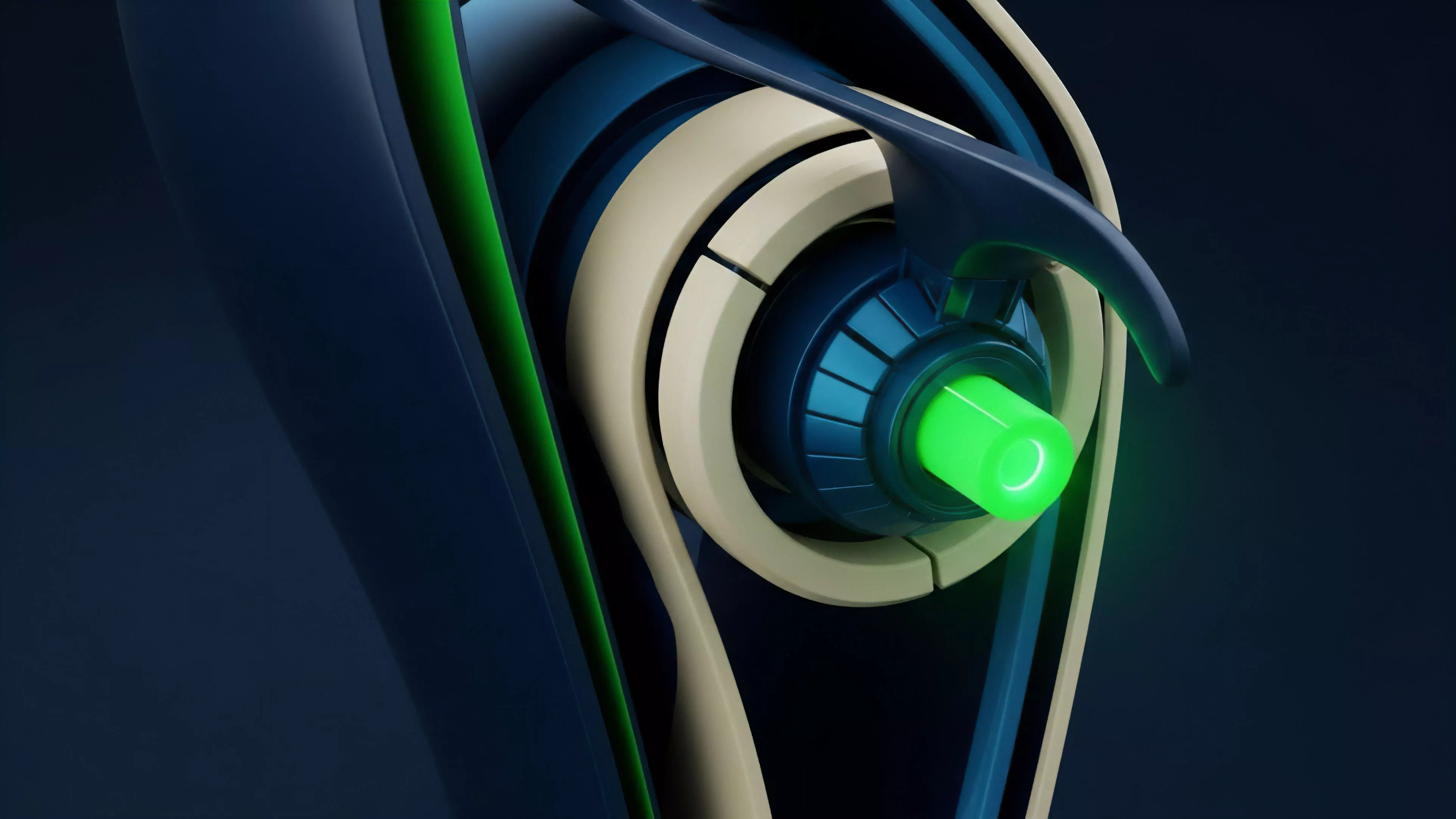 A close-up view shows a sophisticated, futuristic mechanism with smooth, layered components. A bright green light emanates from the central cylindrical core, suggesting a power source or data flow point