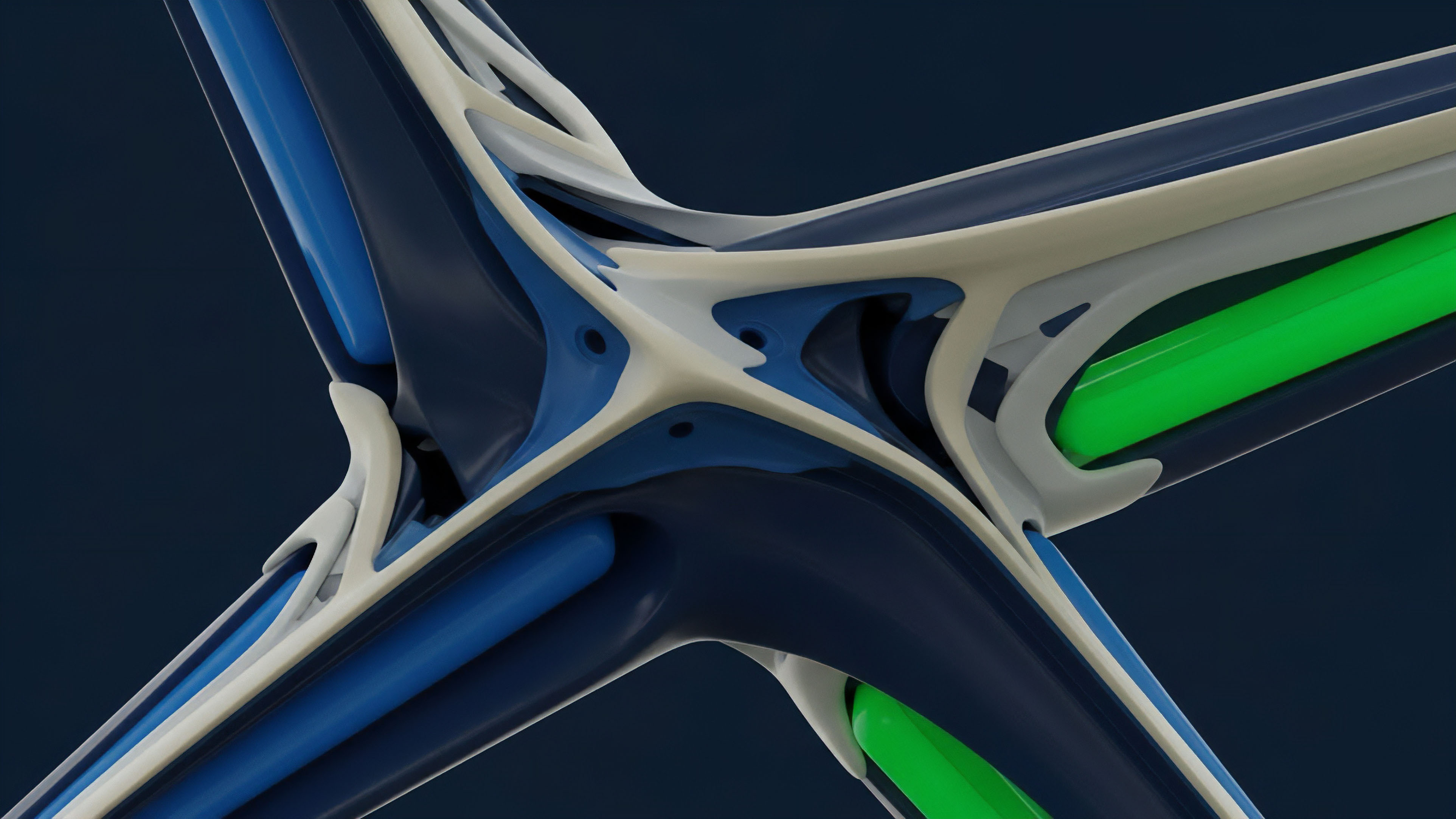 A detailed schematic representing a sophisticated decentralized finance DeFi protocol junction, illustrating the convergence of multiple asset streams. The intricate white framework symbolizes the smart contract architecture facilitating automated liquidity aggregation. This design conceptually captures cross-chain interoperability and capital efficiency required for advanced yield generation strategies. The central nexus functions as an Automated Market Maker AMM hub, managing diverse financial derivatives and asset classes within a composable network environment for seamless transaction processing.