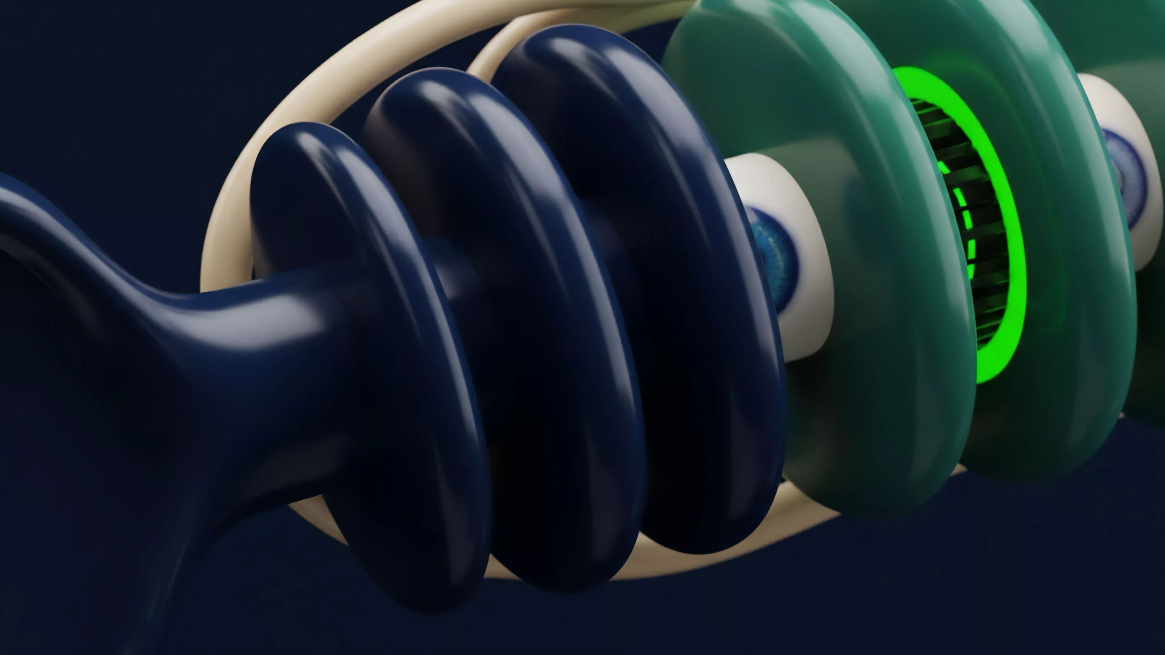 This abstract visual displays a dark blue, winding, segmented structure interconnected with a stack of green and white circular components. The composition features a prominent glowing neon green ring on one of the central components, suggesting an active state within a complex system