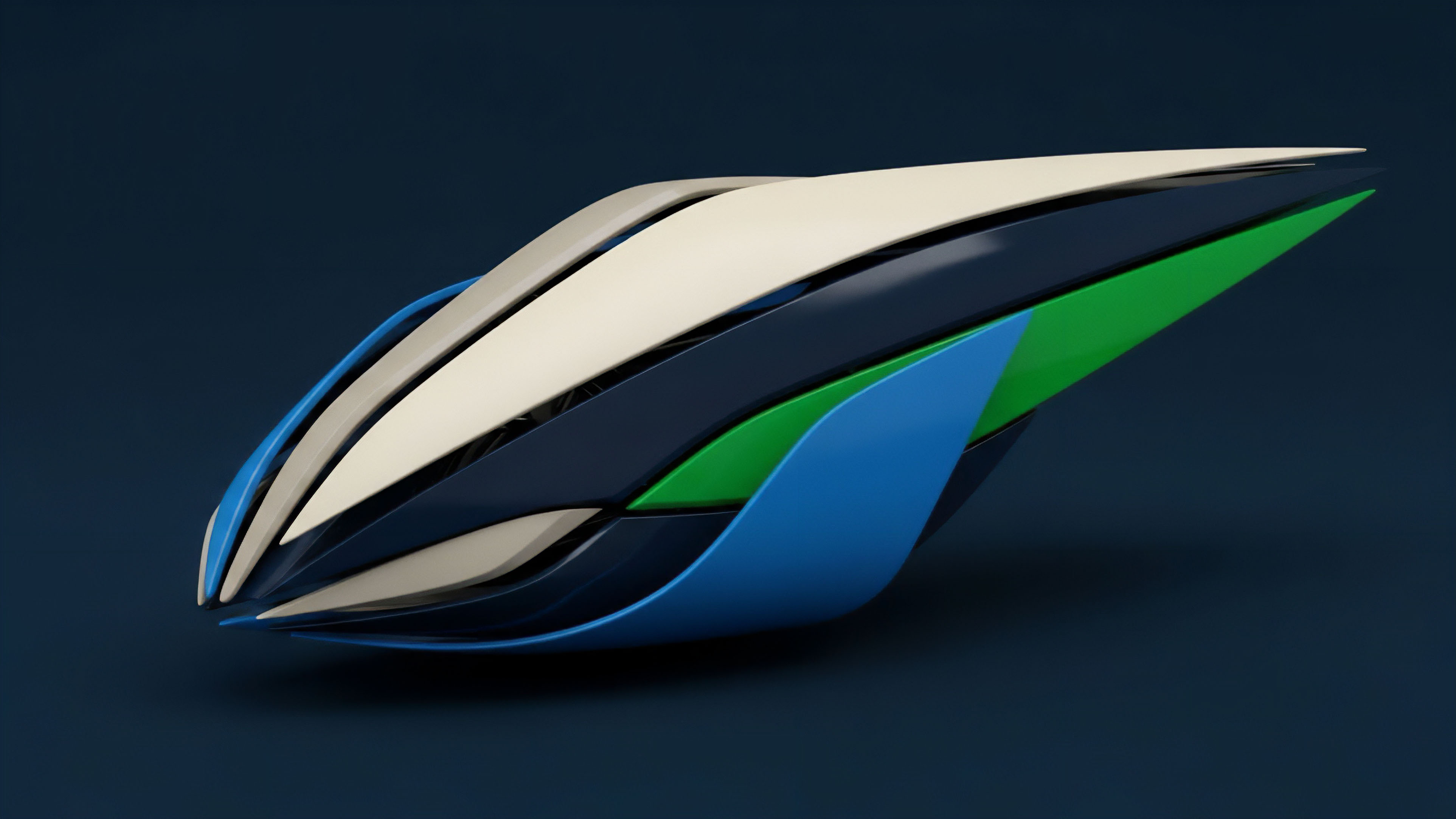 An intricate design showcases multiple layers of cream, dark blue, green, and bright blue, interlocking to form a single complex structure. The object's sleek, aerodynamic form suggests efficiency and sophisticated engineering