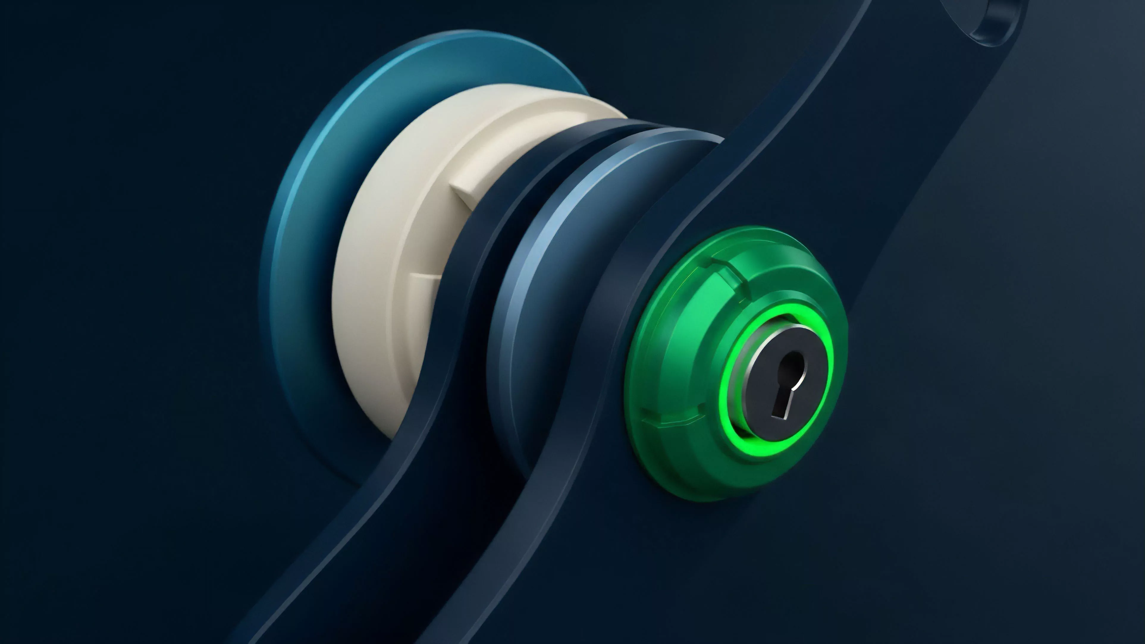 A layered mechanical interface conceptualizes the intricate security architecture required for digital asset protection. The design illustrates a multi-factor authentication protocol or access control mechanism in a decentralized finance DeFi setting. The green glowing keyhole signifies a validated state in private key management or collateralized debt positions CDPs. This visual metaphor highlights the layered risk assessment and security protocols critical for smart contract functionality and safe settlement processes within options trading and financial derivatives platforms.