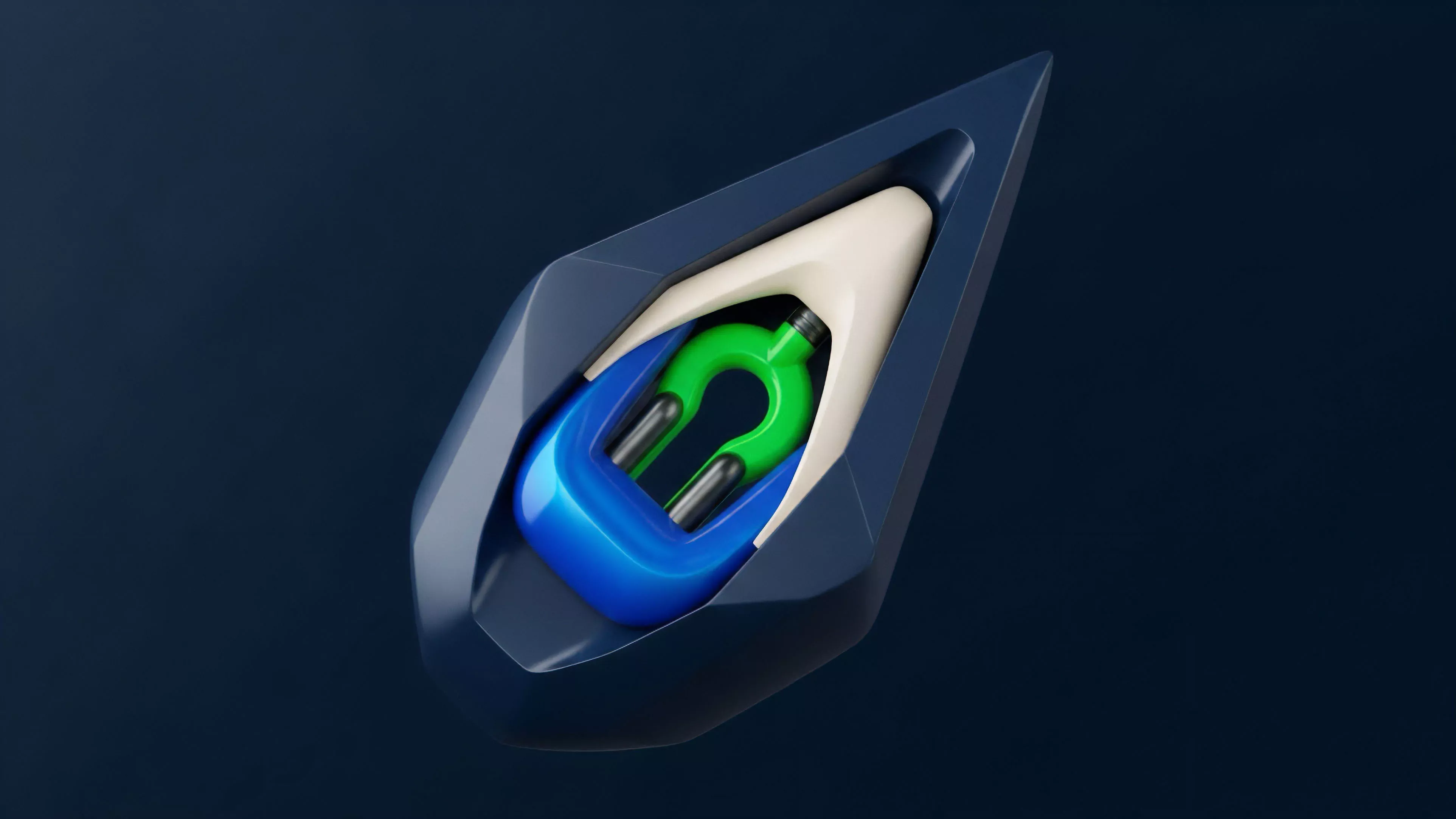 The abstract render visualizes a sophisticated DeFi mechanism, focusing on a collateralized debt position CDP or synthetic asset creation. The central green U-shaped structure represents the underlying collateral and its specific risk profile, while the blue and white layers depict the smart contract parameters. The sharp outer casing symbolizes the hard-coded logic of a decentralized autonomous organization DAO managing governance and liquidation risk. This structure illustrates the precision required for maintaining collateral ratios and securing yield farming protocols.