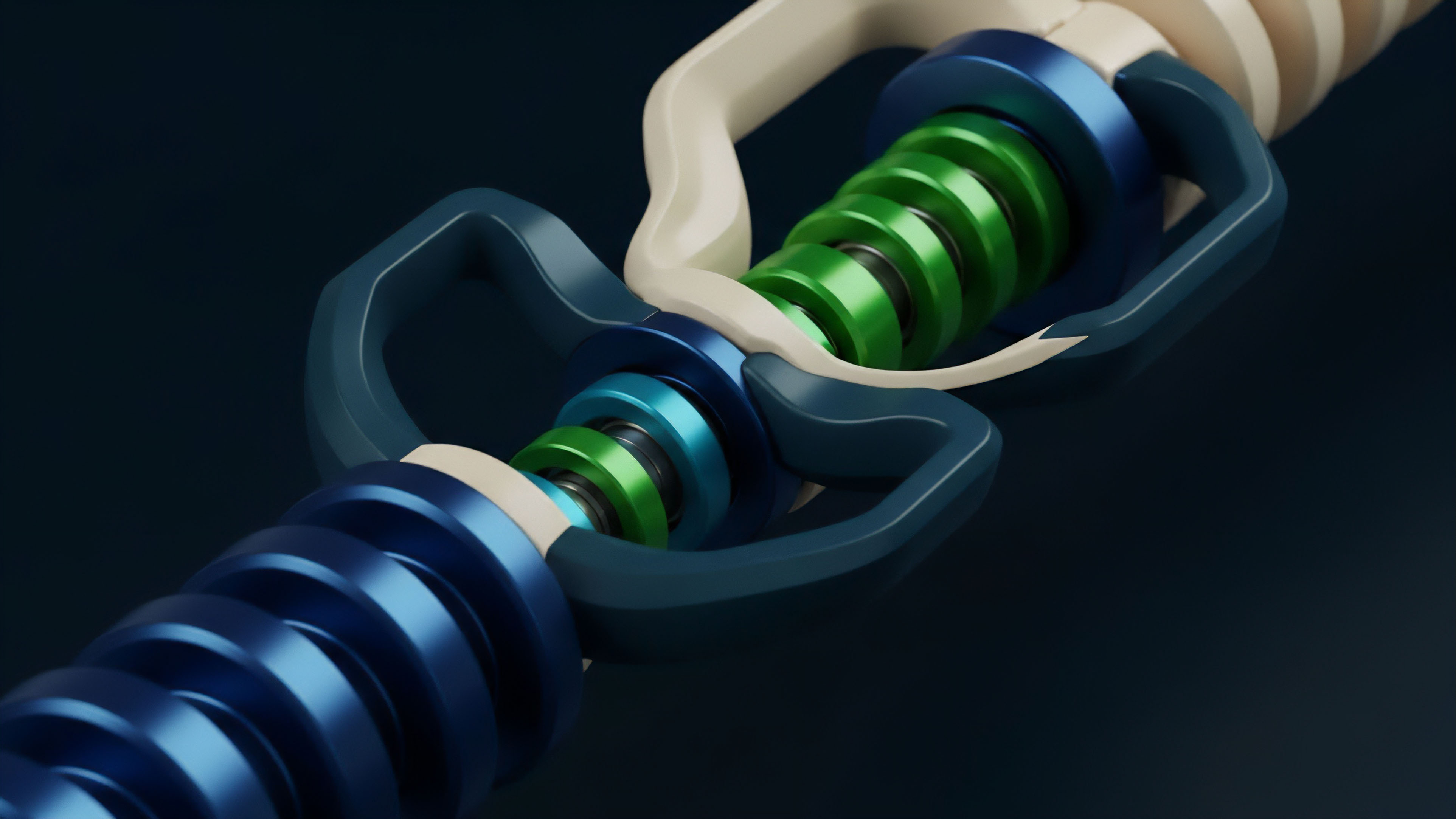 A precision-engineered mechanical joint features stacked green and blue segments within an articulating framework, metaphorically representing a complex structured derivatives product. This visualization models the layered architecture of collateralized debt obligations and synthetic assets, where distinct components represent different risk tranches and volatility hedging mechanisms. The interacting parts illustrate dynamic adjustments in automated market makers and smart contract liquidity provisioning logic for complex options payoff profiles in decentralized finance.