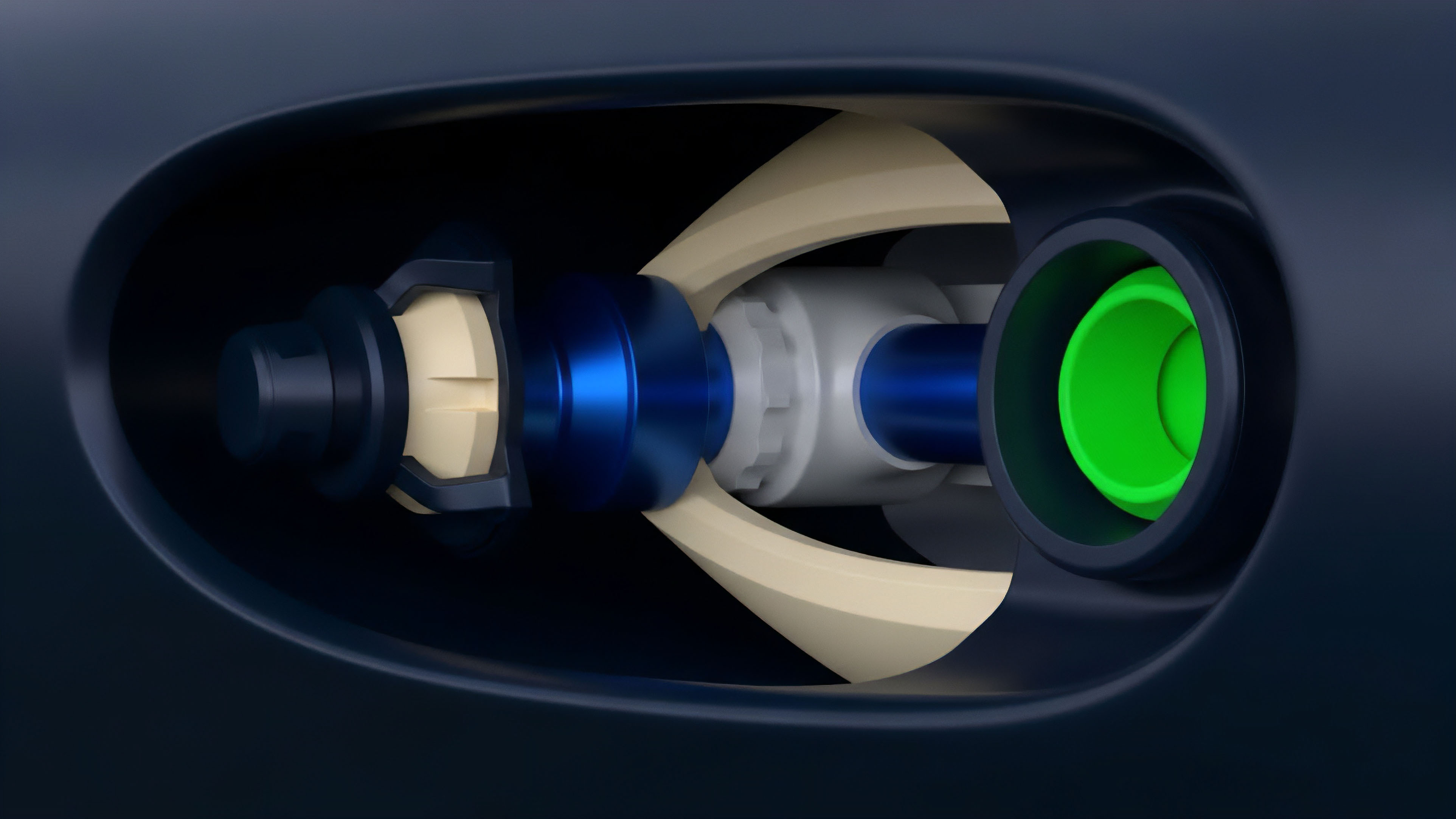 A detailed cross-section of a complex mechanical assembly, resembling a high-speed execution engine for a decentralized protocol. The central metallic blue element and expansive beige vanes illustrate the dynamic process of liquidity provision in an automated market maker AMM framework. This design symbolizes the intricate workings of synthetic asset creation and derivatives contract processing, managing slippage tolerance and impermanent loss. The vibrant green ring represents the final settlement layer, emphasizing efficient clearing and price oracle feed integrity for complex financial products.
