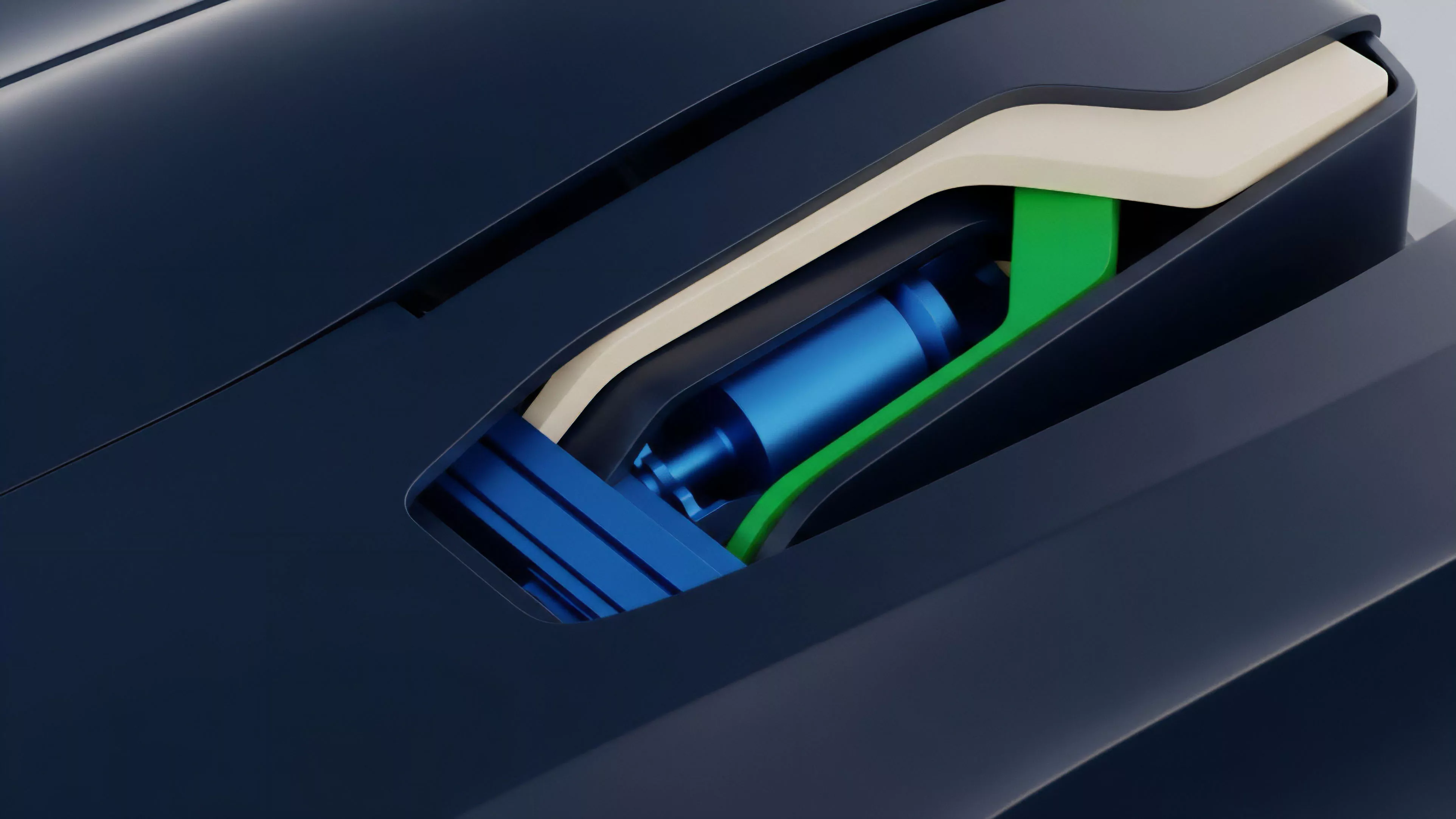 A detailed view of a dark, high-tech structure where a recessed cavity reveals a complex internal mechanism. The core component, a metallic blue cylinder, is precisely cradled within a supporting framework composed of green, beige, and dark blue elements. This intricate assembly visualizes the structure of a synthetic instrument, where the blue cylinder represents the underlying notional principal and the surrounding colored layers symbolize different risk tranches within a collateralized debt obligation CDO. The design highlights the importance of precise collateralization management and risk-weighted assets RWA in mitigating counterparty risk for structured notes in financial derivatives.