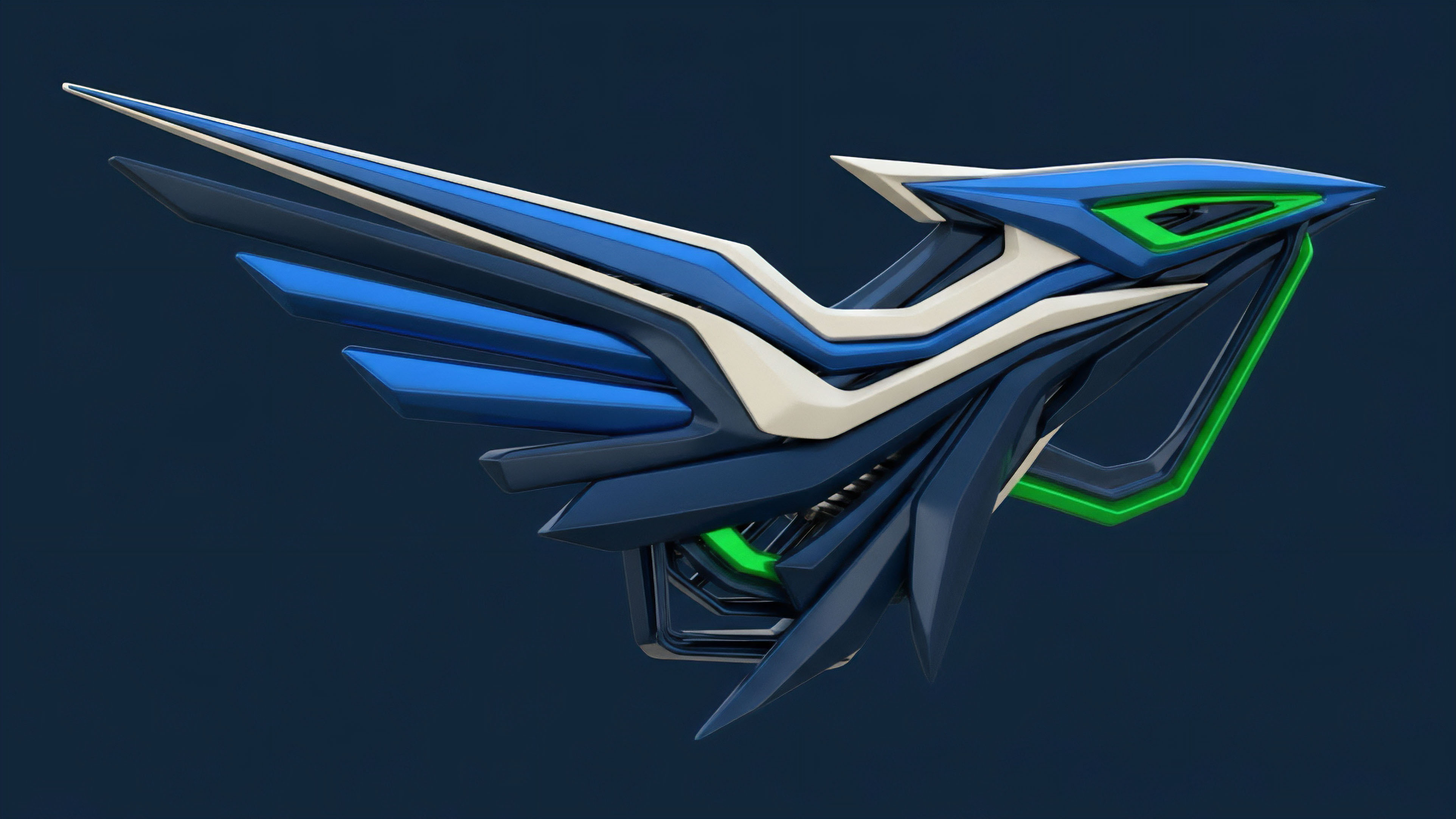 A stylized, futuristic object featuring sharp angles and layered components in deep blue, white, and neon green. This design visualizes a high-performance decentralized finance infrastructure for derivatives trading. The angular structure represents the precision required for automated market makers AMMs and options pricing models. Blue and white segments symbolize layered collateralization and risk management protocols. Neon green highlights represent real-time oracle data feeds and liquidity provision points, essential for maintaining protocol stability during high volatility events in perpetual swaps. This abstract form captures the essence of sophisticated financial derivatives infrastructure on a blockchain.