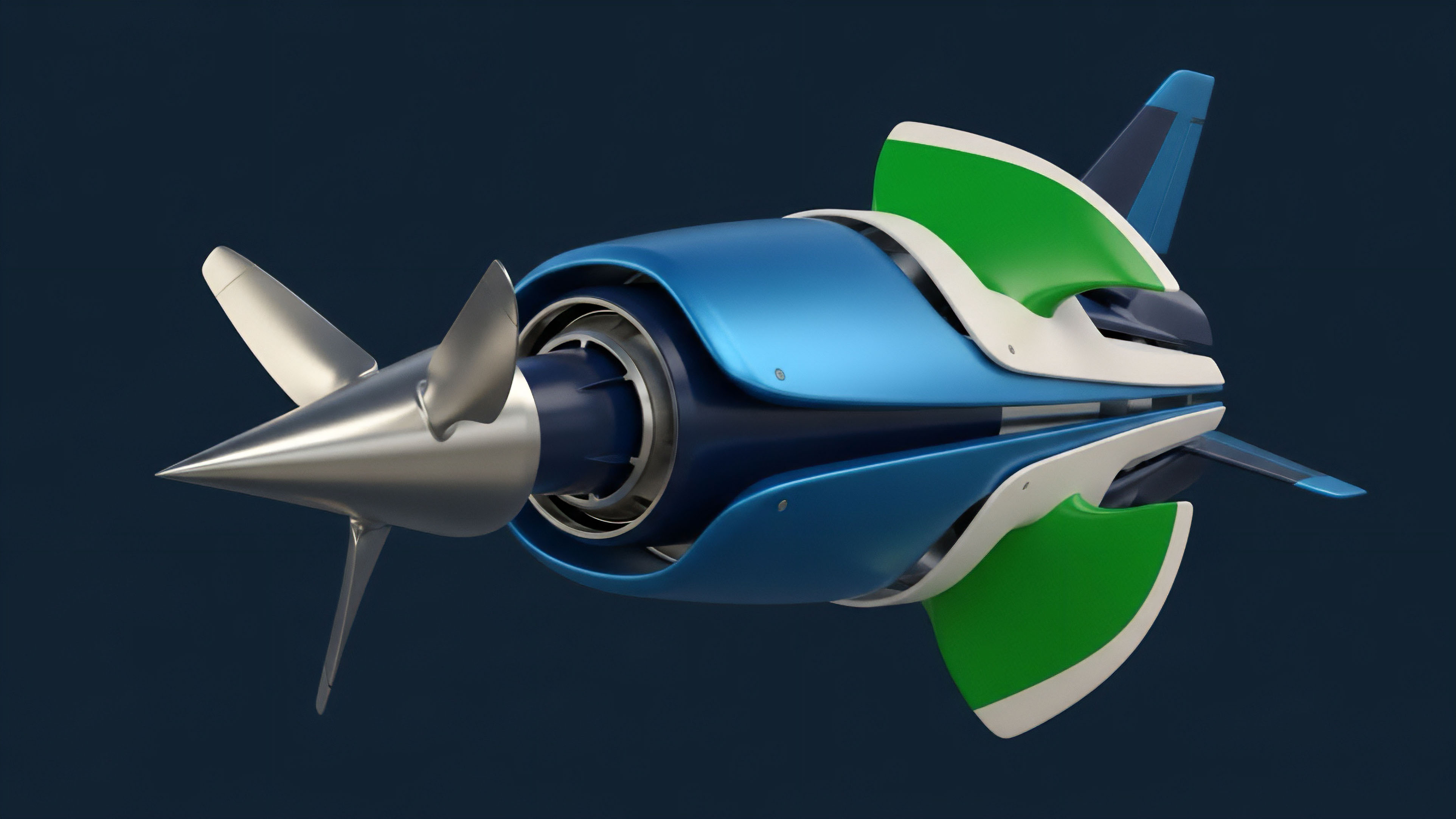 A high-resolution render depicts a futuristic, stylized object resembling an advanced propulsion unit or submersible vehicle, presented against a deep blue background. The sleek, streamlined design metaphorically represents an optimized algorithmic trading engine. The metallic front propeller symbolizes the driving force of high-frequency trading HFT strategies, executing micro-arbitrage opportunities with speed and low latency. The blue body signifies market liquidity, while the green fins act as risk management components for dynamic hedging, essential for mitigating volatility skew and maintaining stable collateralization ratios in perpetual futures markets.