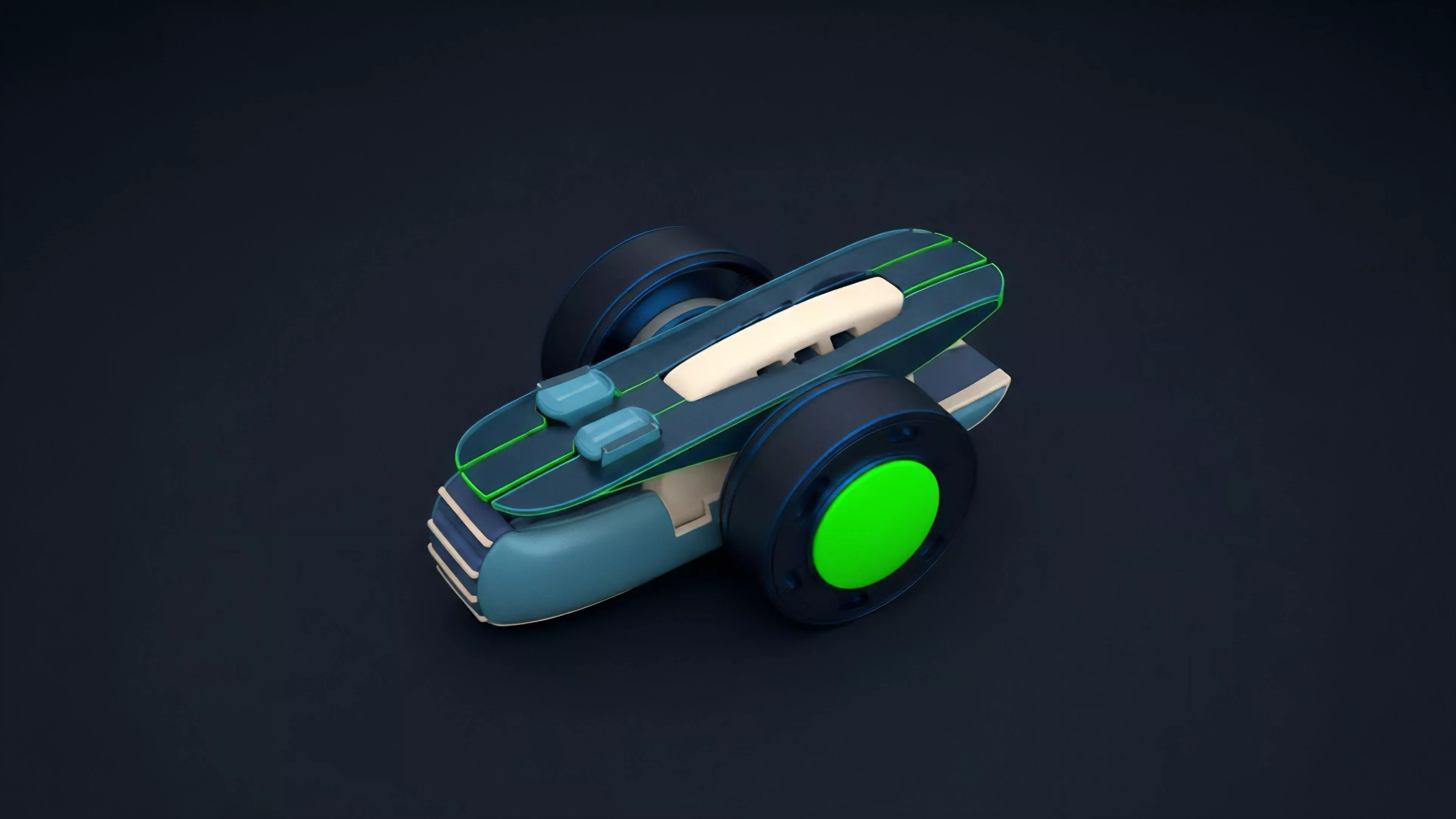 A digitally rendered futuristic vehicle, featuring a light blue body and dark blue wheels with neon green accents, symbolizes high-speed execution in financial markets.