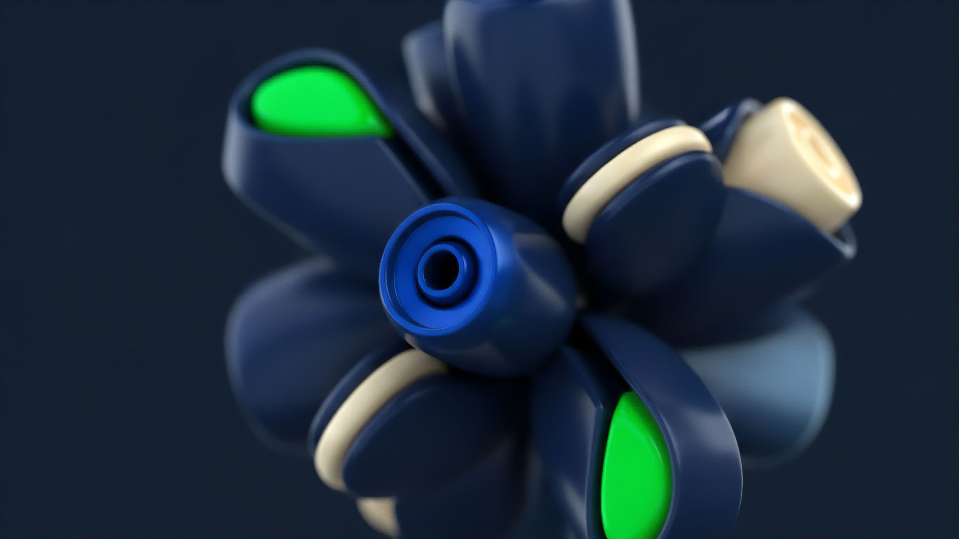 A complex abstract structure illustrates a decentralized finance protocol's inner workings. The blue segments represent various derivative asset pools and collateralized debt obligations. The central mechanism acts as a smart contract executing algorithmic trading strategies and yield generation logic. Green elements symbolize positive yield and liquidity provision, while off-white sections indicate stable asset collateralization and risk management. The overall structure visualizes the intricate dependencies in a sophisticated options chain.