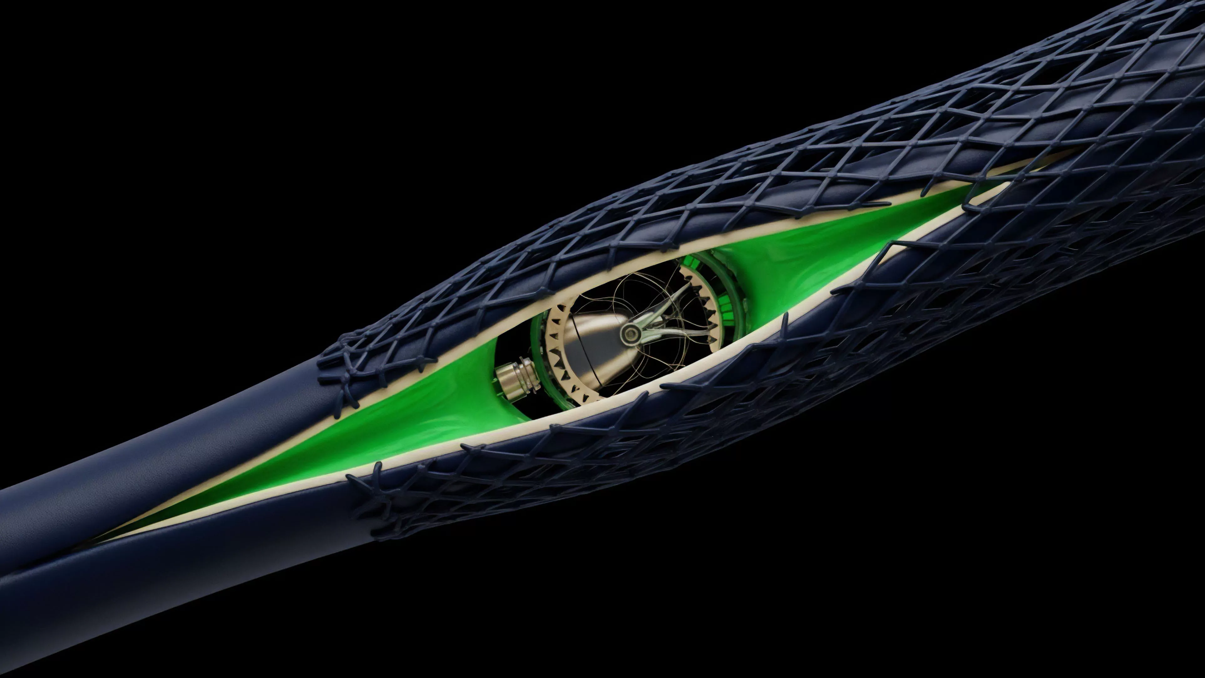 An intricate mechanical device with a turbine-like structure and gears is visible through an opening in a dark blue, mesh-like conduit. The inner lining of the conduit where the opening is located glows with a bright green color against a black background