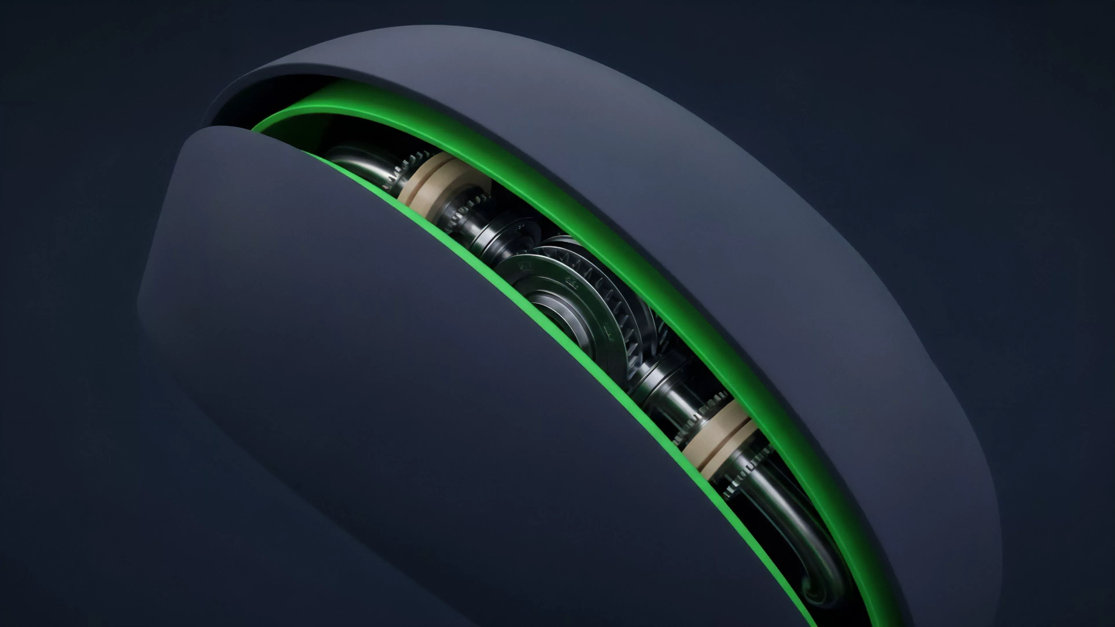 A dark, sleek exterior with a precise cutaway reveals intricate internal mechanics.