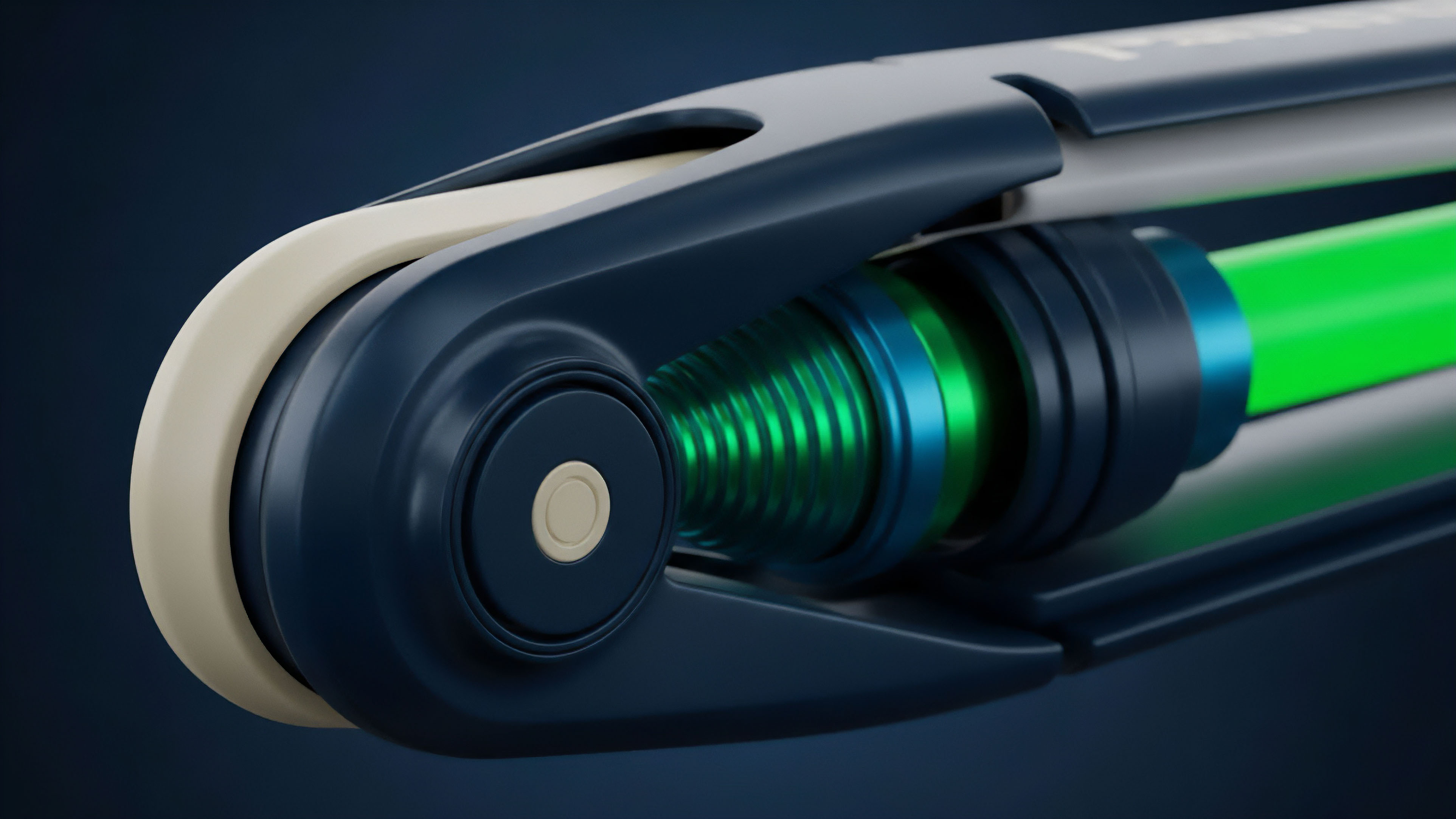A high-precision mechanical component features a dark blue housing encasing a vibrant green coiled element, with a light beige exterior part. The intricate design symbolizes the inner workings of a decentralized finance DeFi protocol