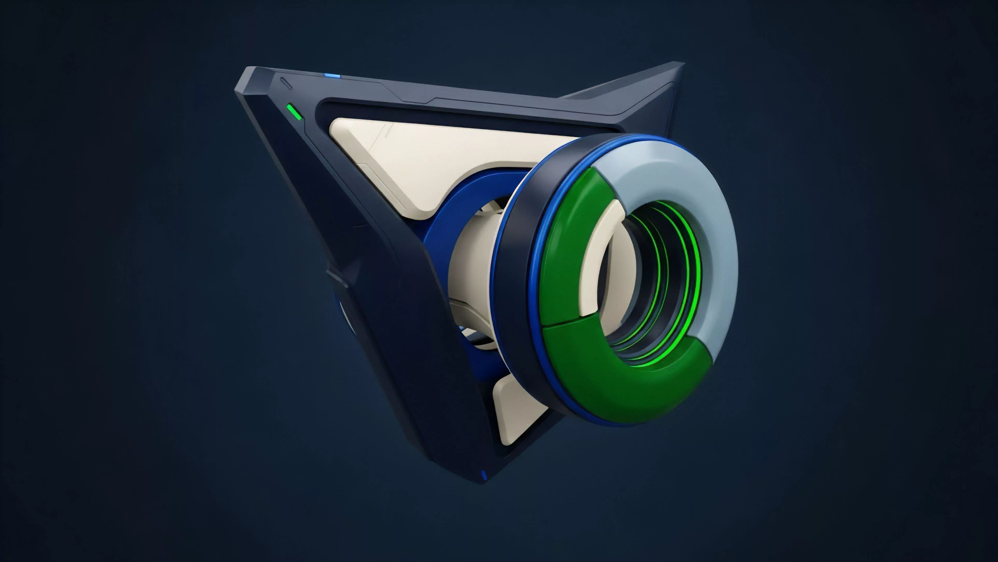 A dark blue, triangular base supports a complex, multi-layered circular mechanism. The circular component features segments in light blue, white, and a prominent green, suggesting a dynamic, high-tech instrument
