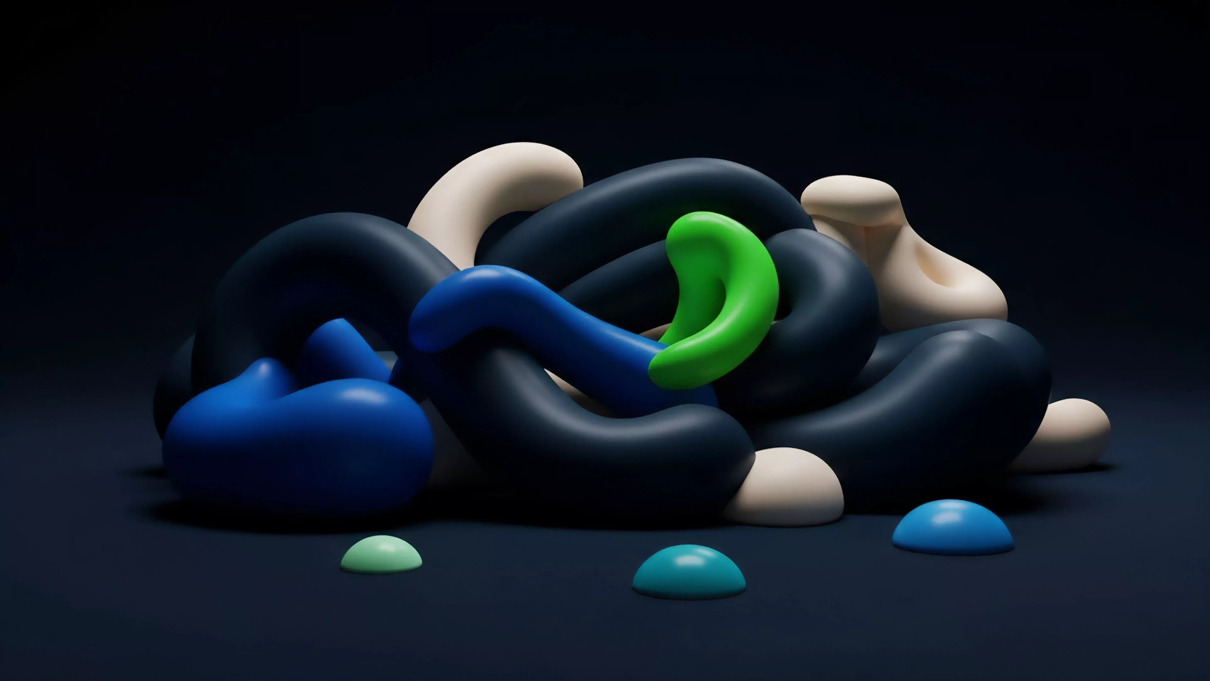 The image displays a cluster of smooth, rounded shapes in various colors, primarily dark blue, off-white, bright blue, and a prominent green accent. The shapes intertwine tightly, creating a complex, entangled mass against a dark background