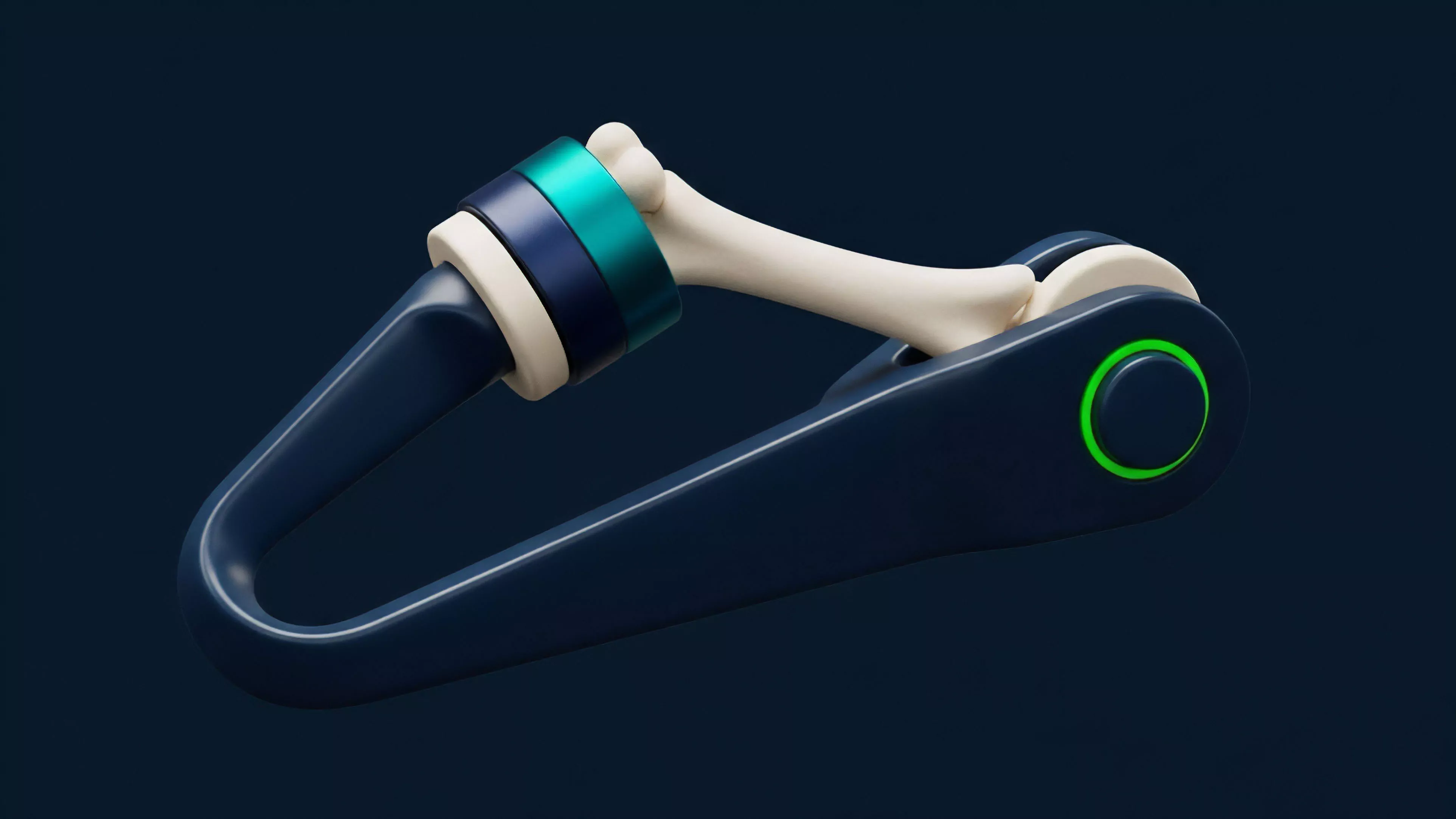 A stylized, dark blue linking mechanism secures a light-colored, bone-like asset.